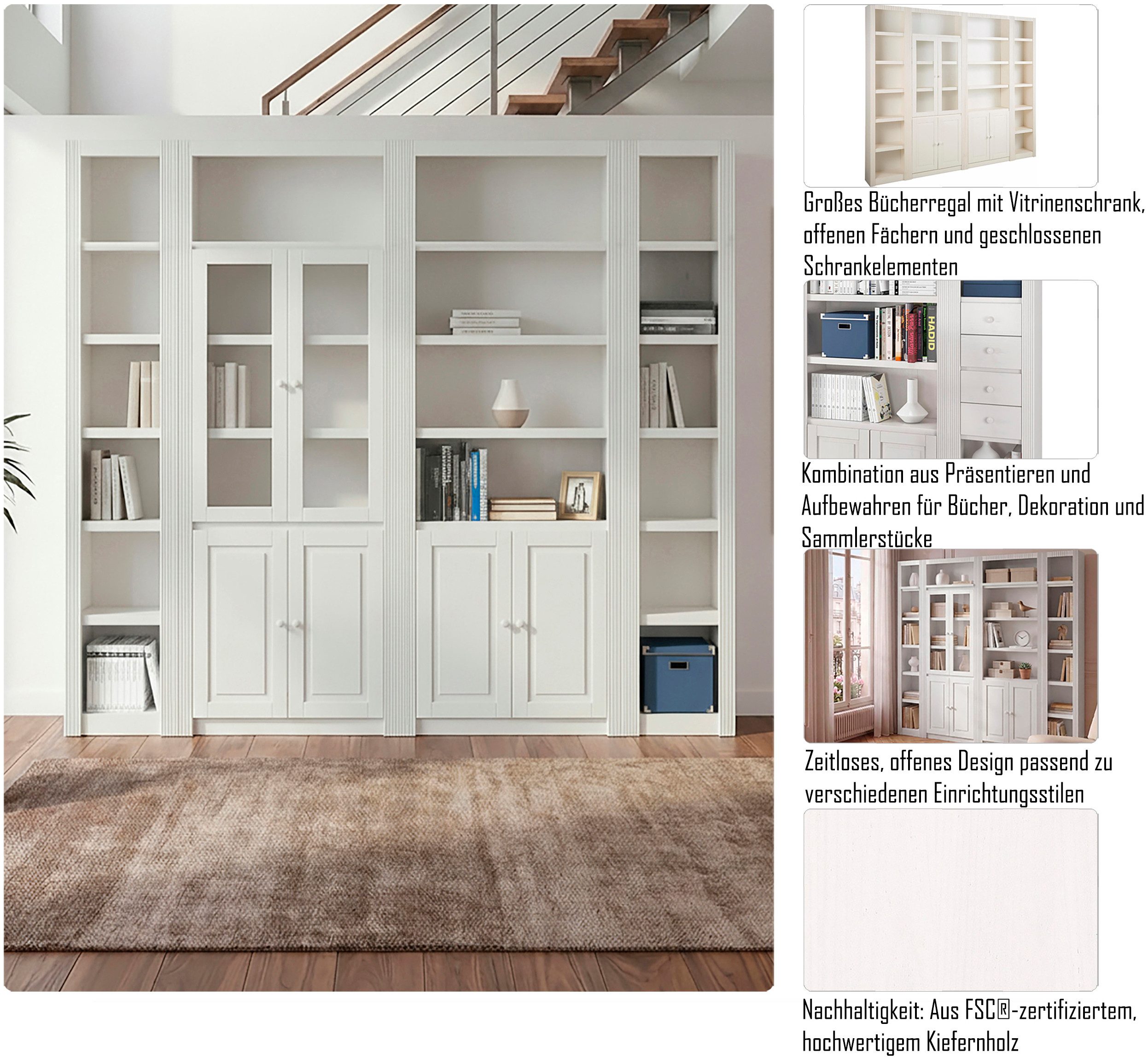 OTTO home Bücherwand Bergen Bücherregal mit 1 Vitrine, offene und geschlossene Fächer, massives Kiefernholz, natürlichen Maserung, Knopfgriffe, Breite 255 cm. Reduzierter Preis € 1.099,99. Unverbindliche Preisempfehlung € 2.699,99