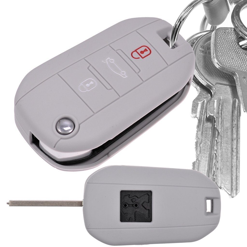 mt-key Schlüsseltasche Autoschlüssel Softcase Silikon Schutzhülle Grau, für Citroen C4 Picasso Jumpy Flip Peugeot 3 Tasten Klappschlüssel