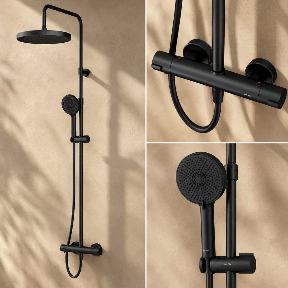 AM.PM Duschsystem PLAY mit Thermostat Ø 30 cm Regendusche & Handbrause Duscharmatur, Höhe 146 cm, 5 Strahlart(en), Brause Dusch-Komplettset, höhenverstellbare Duschsäule 103-146 cm, Dusche Brauseset mit 175 cm Duschschlauch Schwarz, Duschset Kopfbrause & Handdusche mit Antikalk-Duschkopf