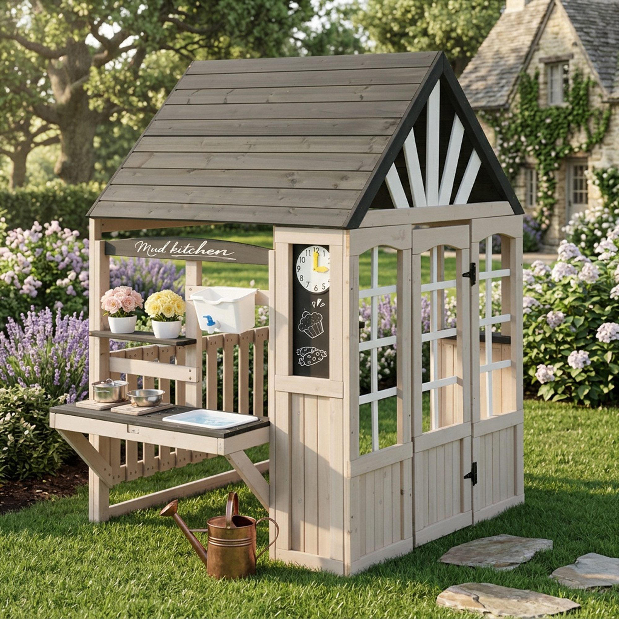 Flieks Outdoor-Spielküche Massivholz, Hausform Kinderküche Spielhaus mit echtem Wasserhahn 138x109x164cm