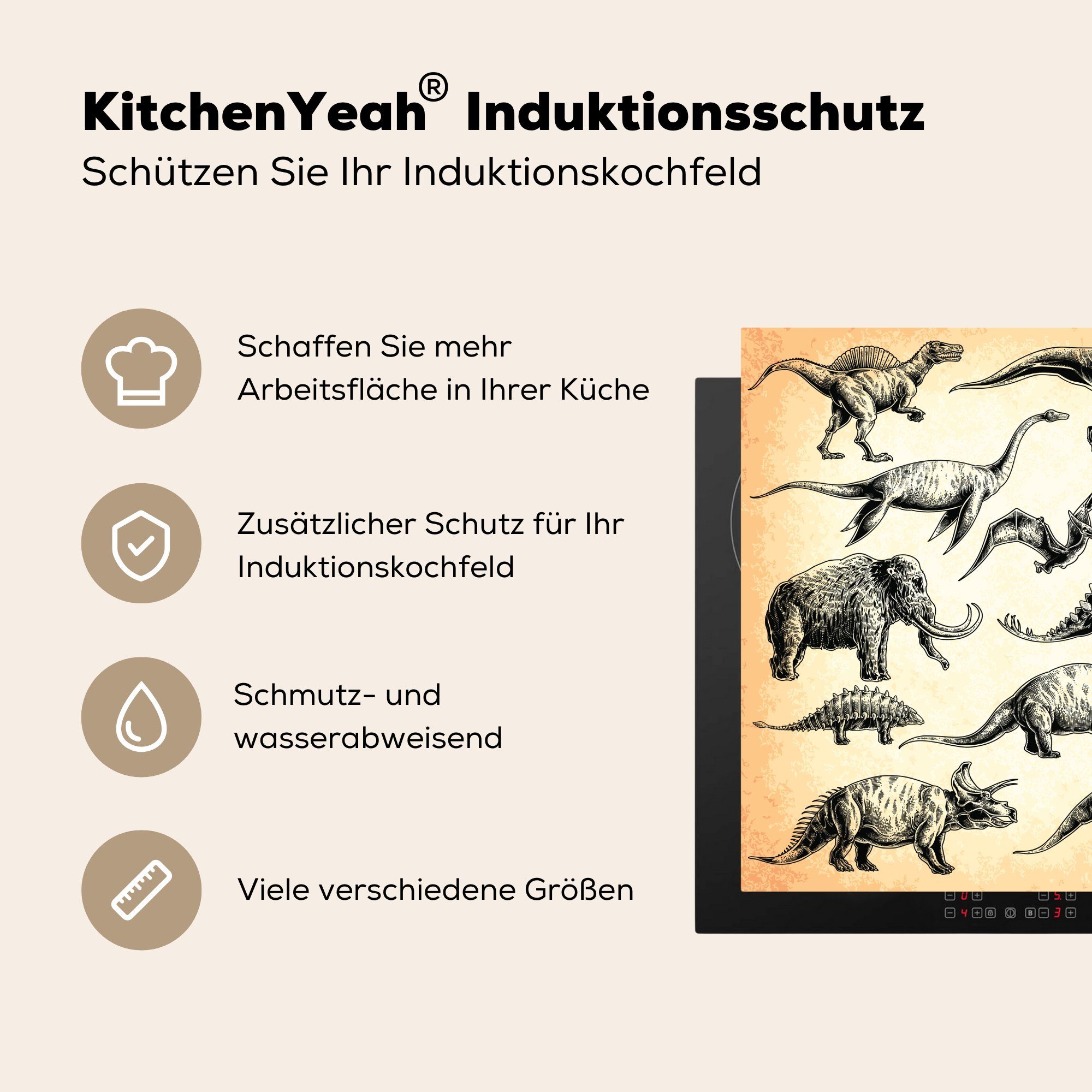 MuchoWow Ceranfeldabdeckung, tlg), küche Dinosaurier, für (1 - Illustration Herdblende-/Abdeckplatte Kinder cm, Arbeitsplatte Vinyl, 78x78 -