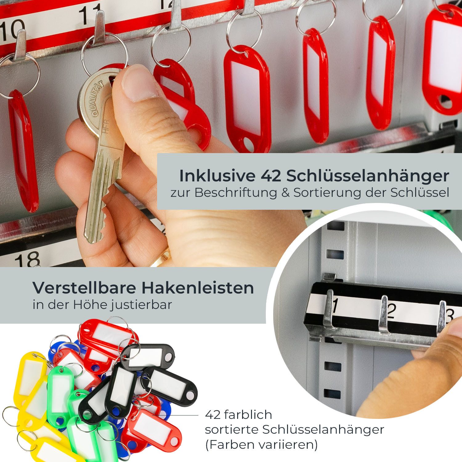 HMF Schlüsselkasten Schlüsselschrank mit Zahlencode, Schlüsselkasten mit 42 Haken (inkl. Schlüsselanhänger), verstellbare Hakenleisten, 35 x 27 x 8 cm, schwarz – Bild 3 von 5