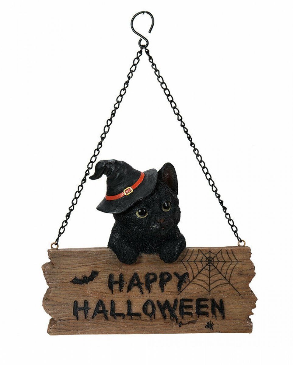 Dekofigur Happy Halloween Schild mit Schwarzem Kätzchen