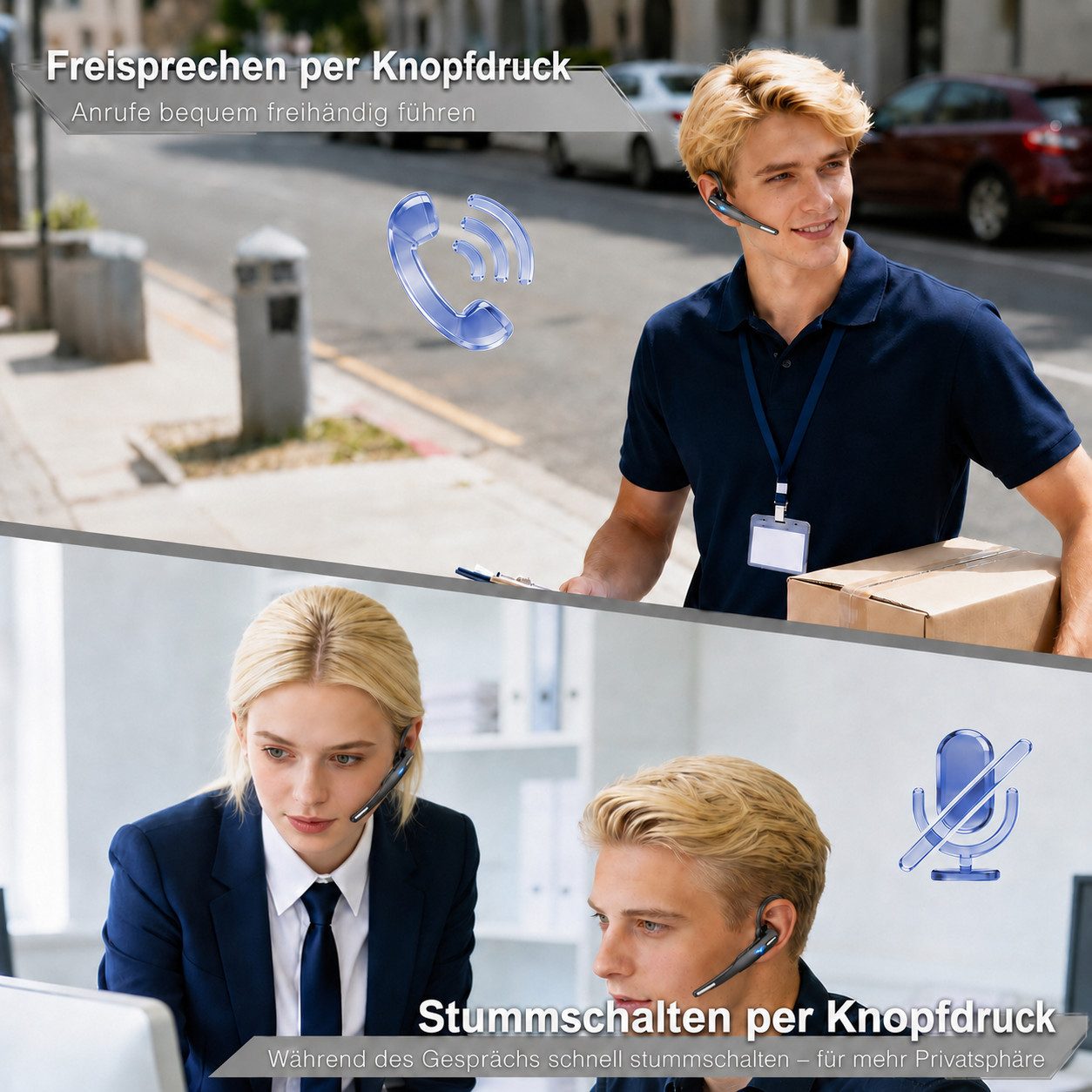 Futicare Business Bluetooth Headset mit Mikrofon, GPT-KI-Übersetzung, Headset (Ein-Tasten-Stummschaltung, Bluetooth 6.1, 72 Std., für Büro & Fahrer, Handy/PC)