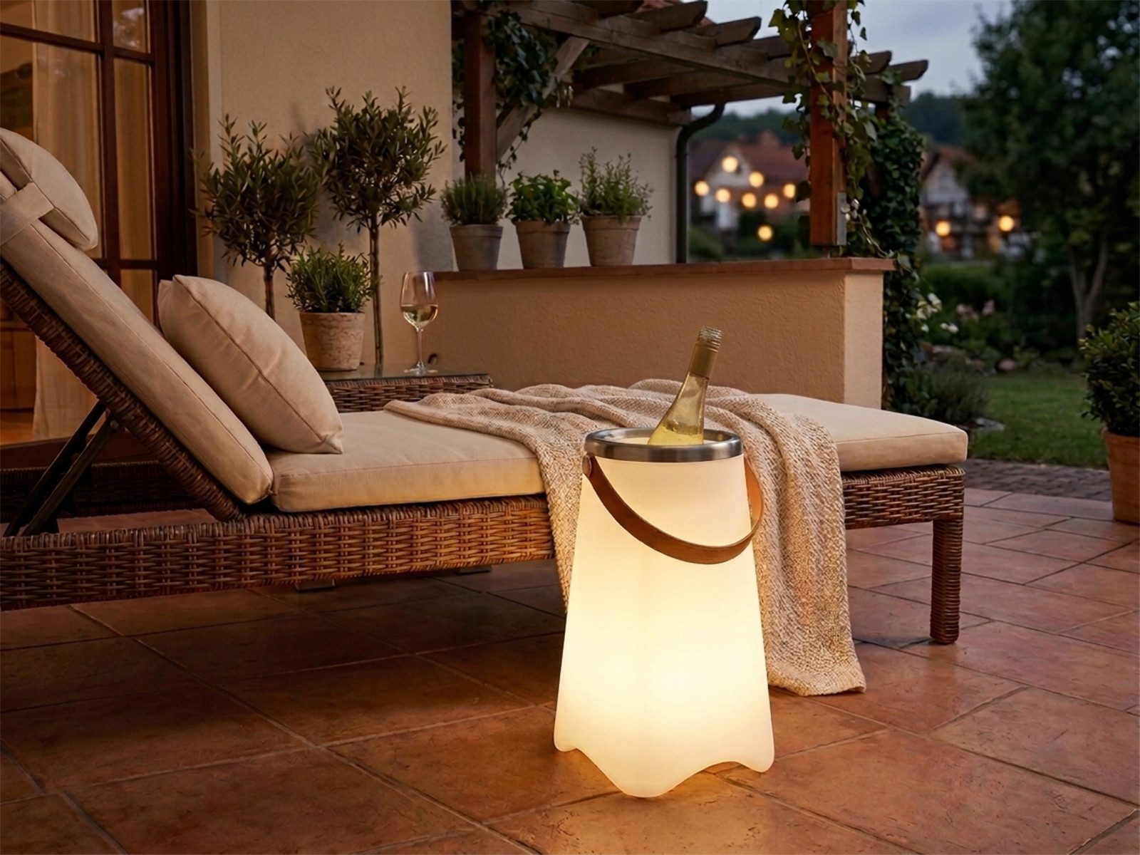 meineWunschleuchte LED Außen-Stehlampe mit Akku, Lautsprecher & Weinkühler 50cm, dimmbar Farbwechsel, LED fest integriert, Warmweiß, Bodenlampe kabellos USB aufladbar mit Fernbedienung, RGBW & Bluetooth