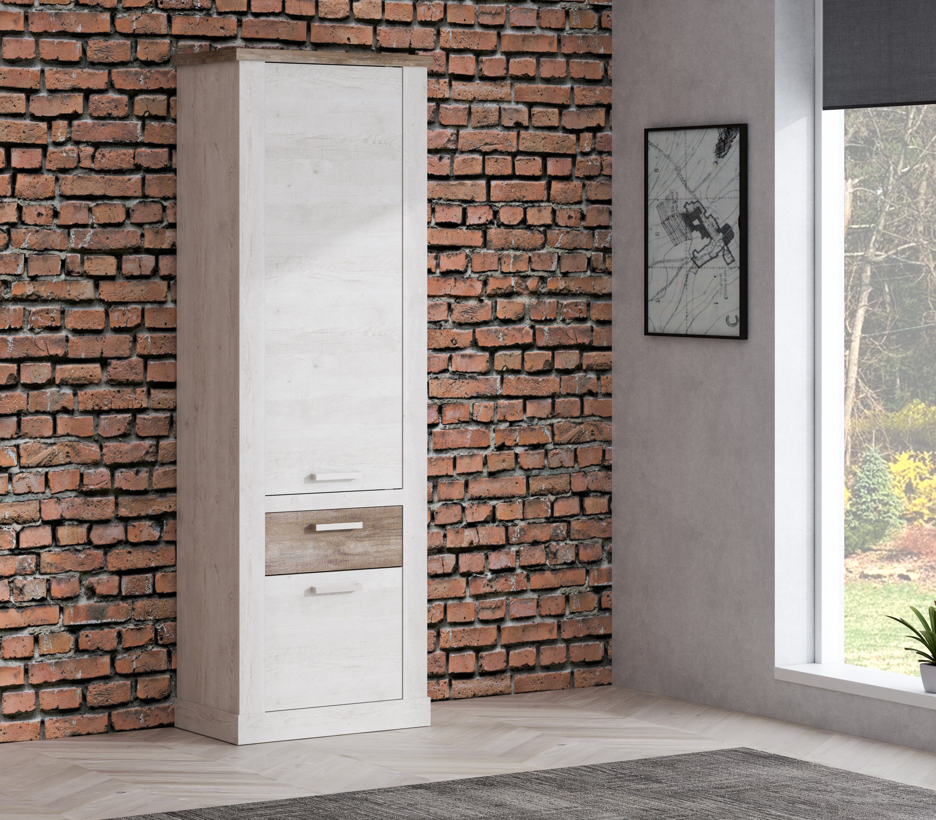 FORTE Mehrzweckschrank Duro Höhe 212 cm, Bücherregal mit Türen und Schublade, im Landhausstil