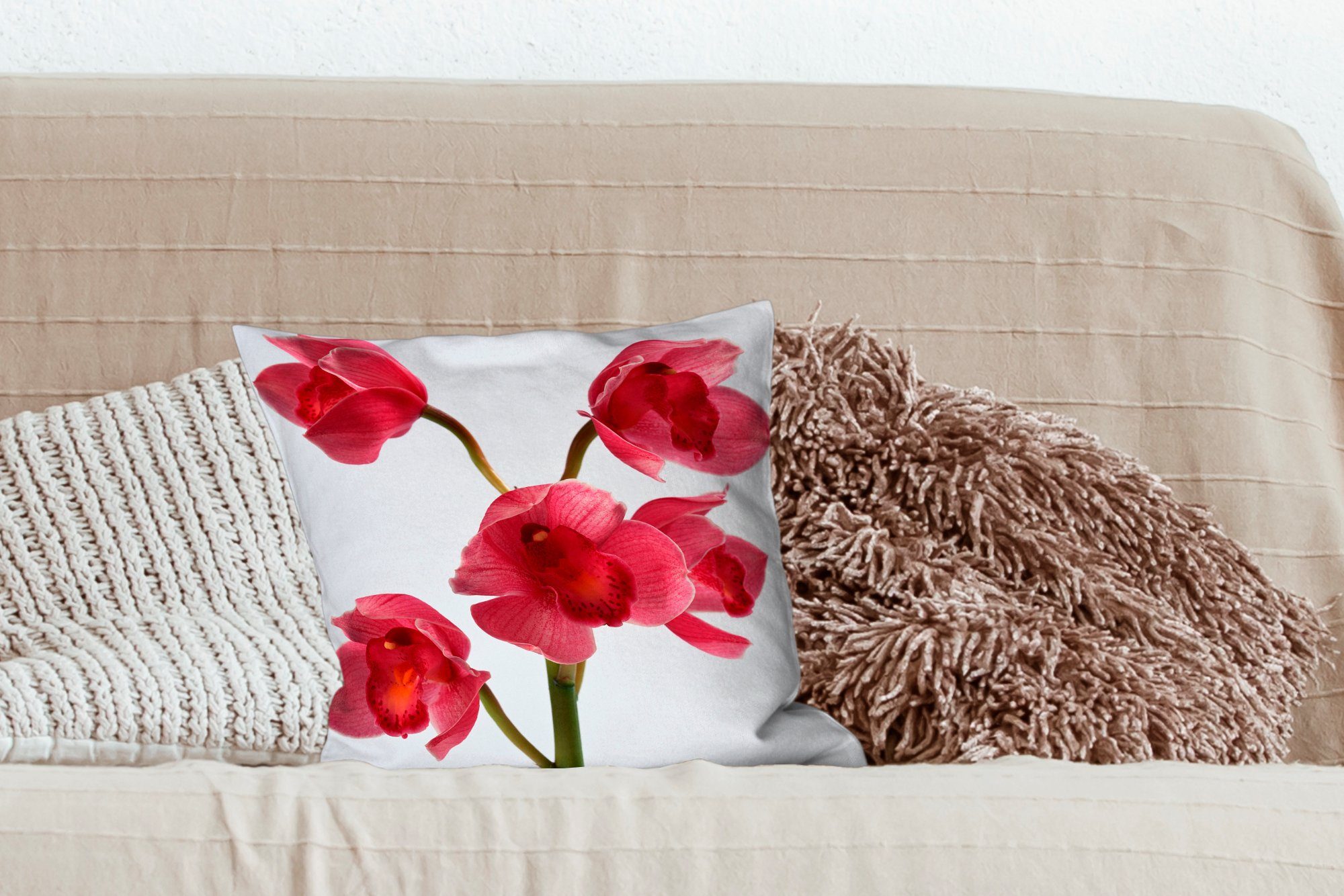 Sofakissen Wohzimmer, Deko, Füllung einen Rote Dekokissen Zierkissen MuchoWow Schlafzimmer, Orchideen für für hellen Hintergrund, mit