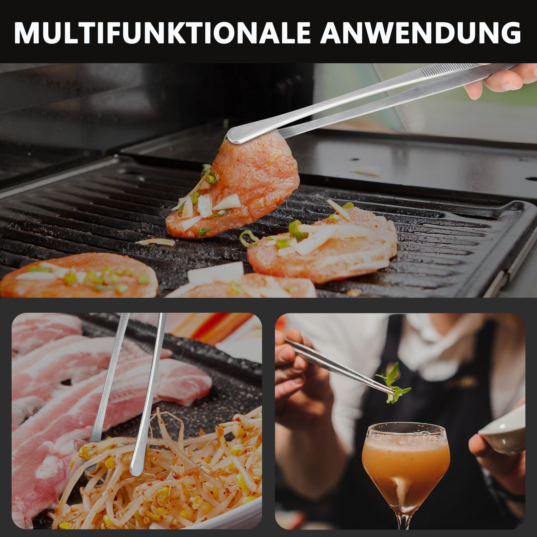 FOUORTUNATE-BEE Grillzange 2er Set Grillzange Edelstahl Lang 30CM Kitchen Kochpinzette, für Kochen Grillen und Backen – Bild 3 von 5