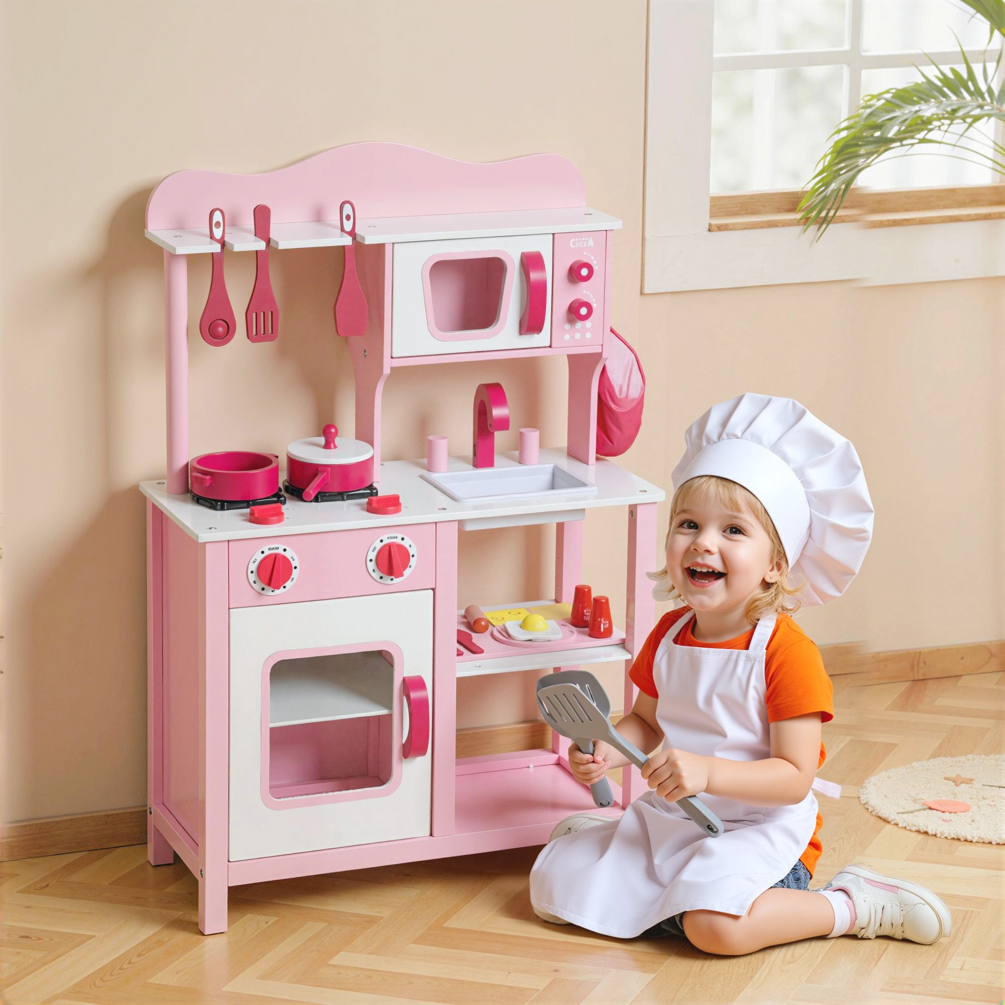 AIYAPLAY Spielküche für 3-6 Jahre Kinder Holzwerkstoff, mit Bratpfanne, Mikrowelle, Rosa