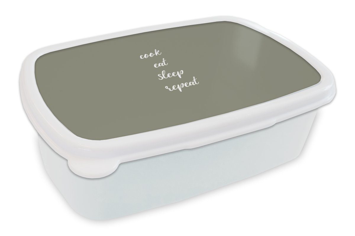 MuchoWow Lunchbox Sprichwörter - Kochen Essen Schlafen Wiederholen - Zitate, Kunststoff, (2-tlg), Brotbox für Kinder und Erwachsene, Brotdose, für Jungs und Mädchen weiß