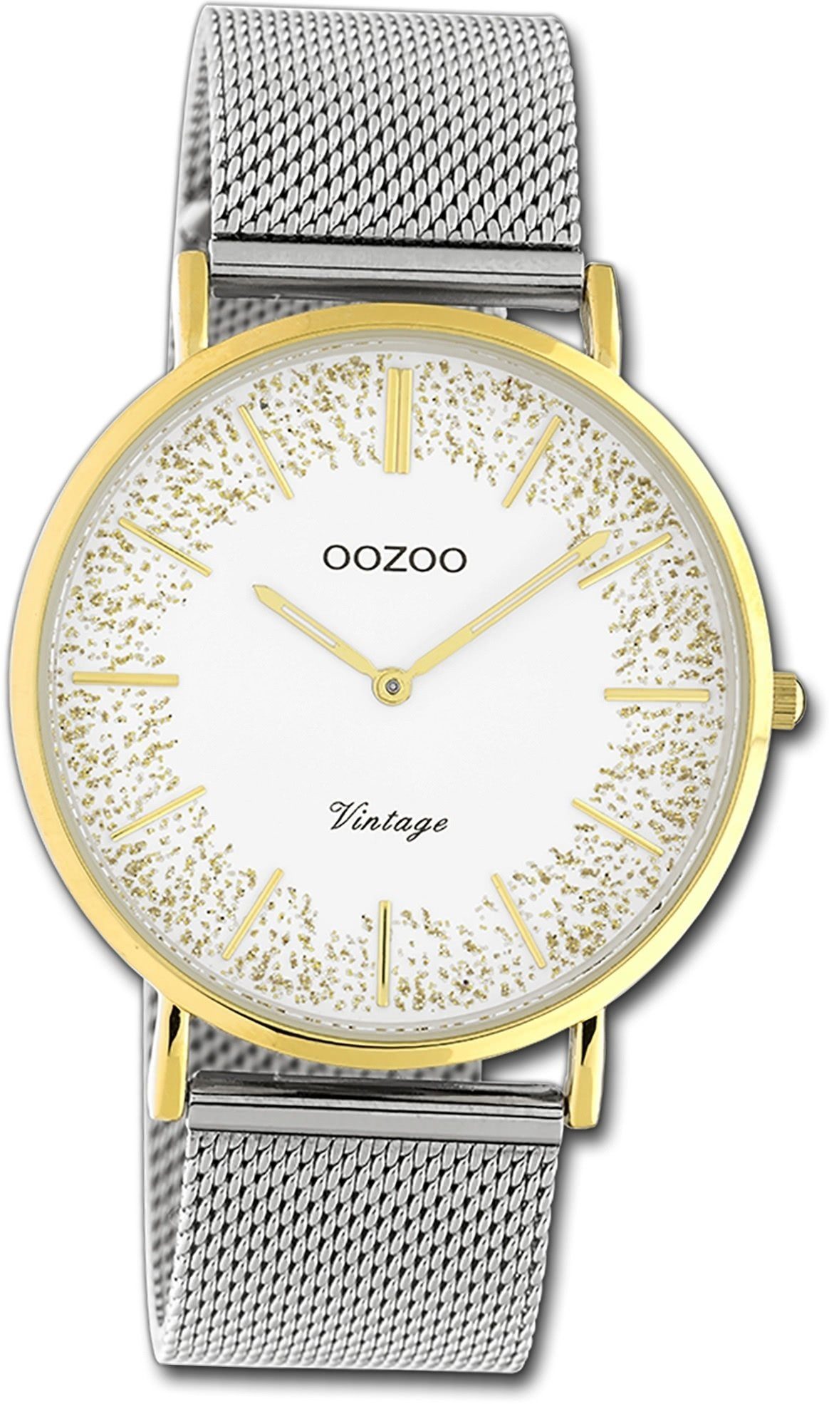 OOZOO Quarzuhr Oozoo Damen Armbanduhr Ultra Slim, Damenuhr Edelstahlarmband silber, rundes Gehäuse, groß (ca. 40mm)