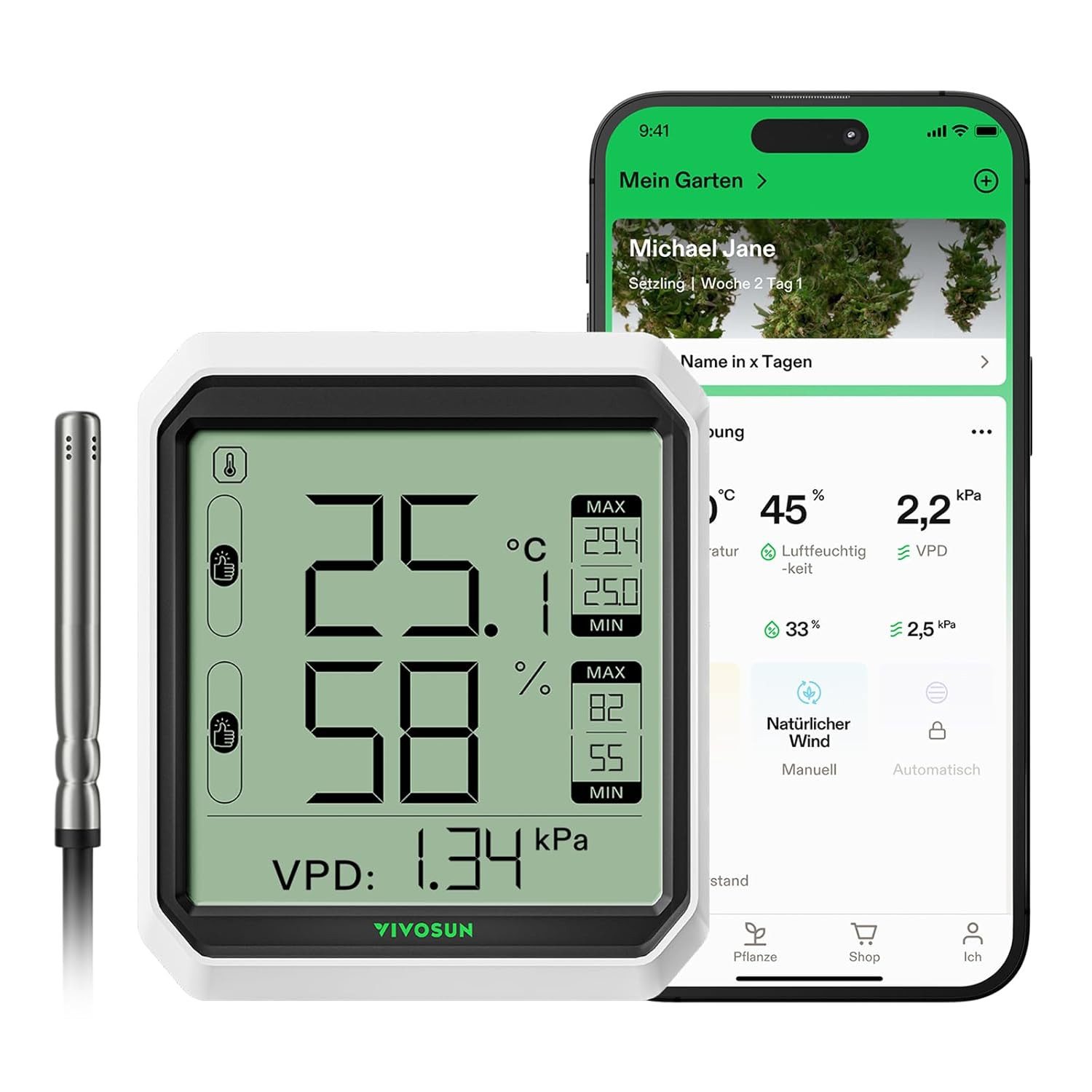 VIVOSUN Комнатный термометр VIVOSUN AeroLab THB1S Bluetooth Термометр mit Sensor, Präzises Bluetooth Thermo-Hygrometer mit VPD und externer Sonde