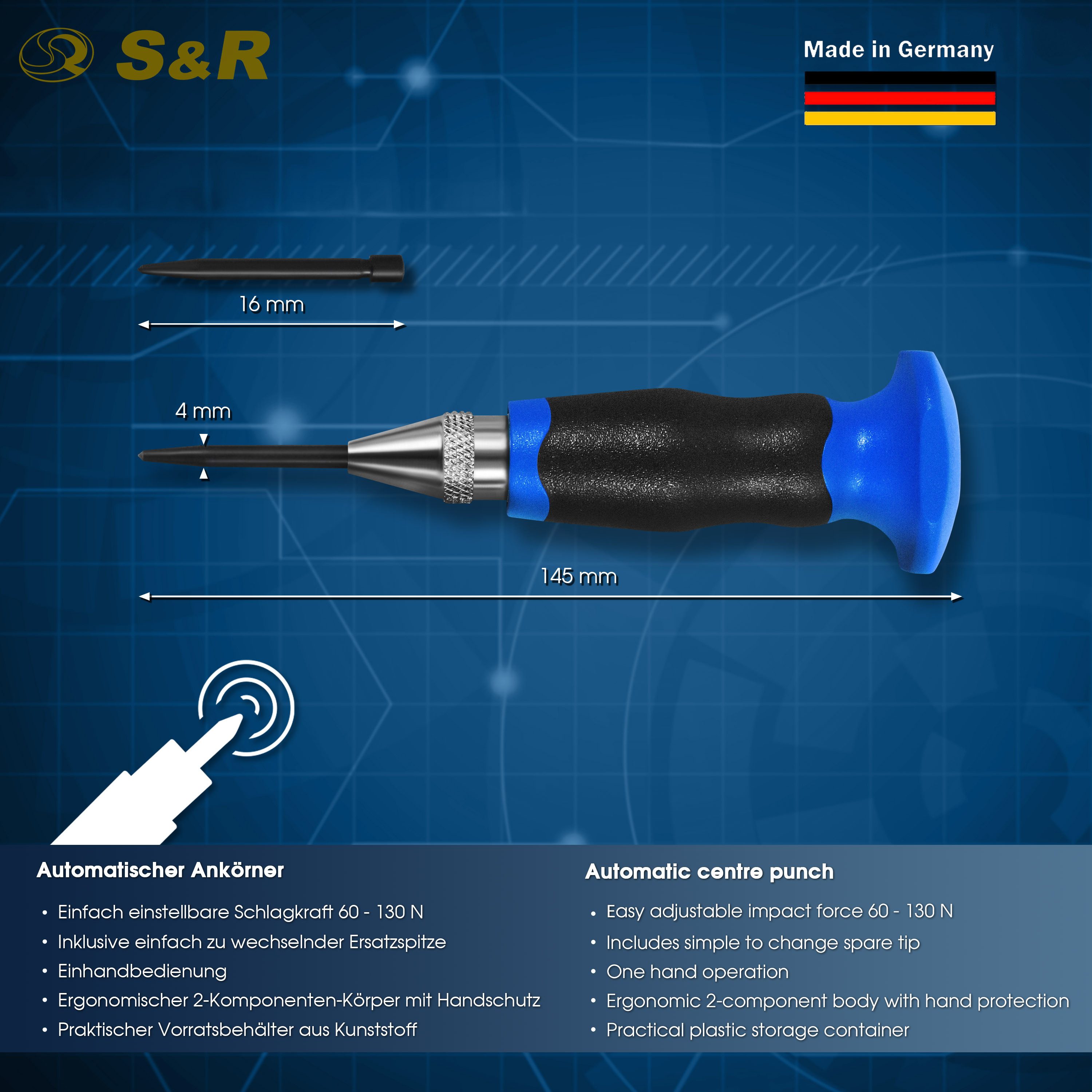 S&R Reißnadel Automatischer Körner/MADE IN GERMANY / 60-130 N, Ergo-Griff, (2-St. mit EXTRA 1 Ersatzspitze), Automatik-Körner, Vorkörner