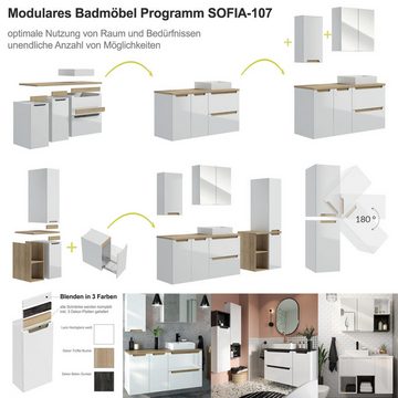 Lomadox Waschtisch-Set SOFIA-107, (Spar-Set, 3-St., 3-tlg), Hochglanz weiß mit Trüffel-Buche Keramik-Waschbecken 85/200/46 cm