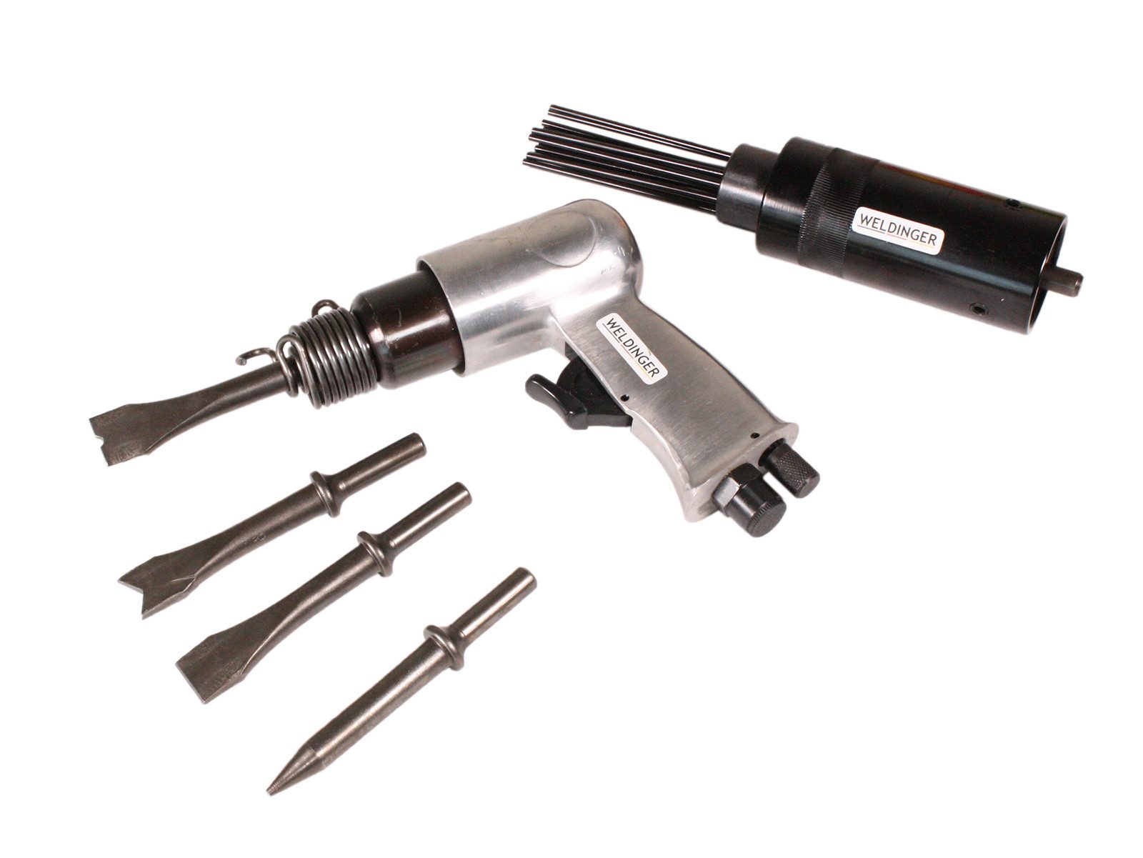 WELDINGER Druckluft-Meißelhammer Druckluft-Meißelhammer 4-teiliger Meißelsatz Nadelentroster 113 l/min, für Bajonett-Schnellkupplung, (Set, 4-tlg) Blechtrennmeißel, Spitzmeißel, Nietenmeißel und Breitmeißel