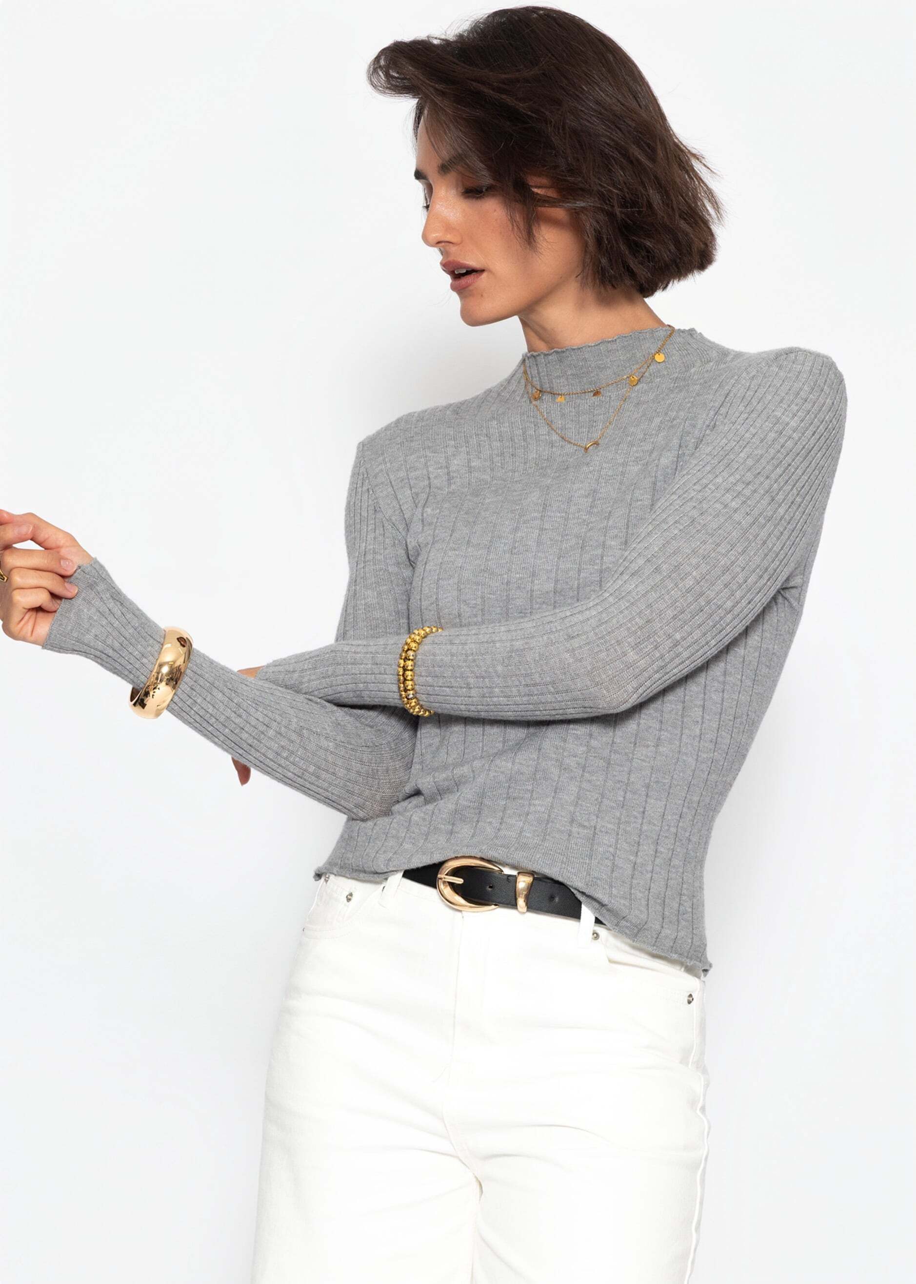 SASSYCLASSY Langarmshirt Oberteil mit Stehkragen für Damen weiches zeitloses Langarmshirt in Beige – Bild 4 von 5