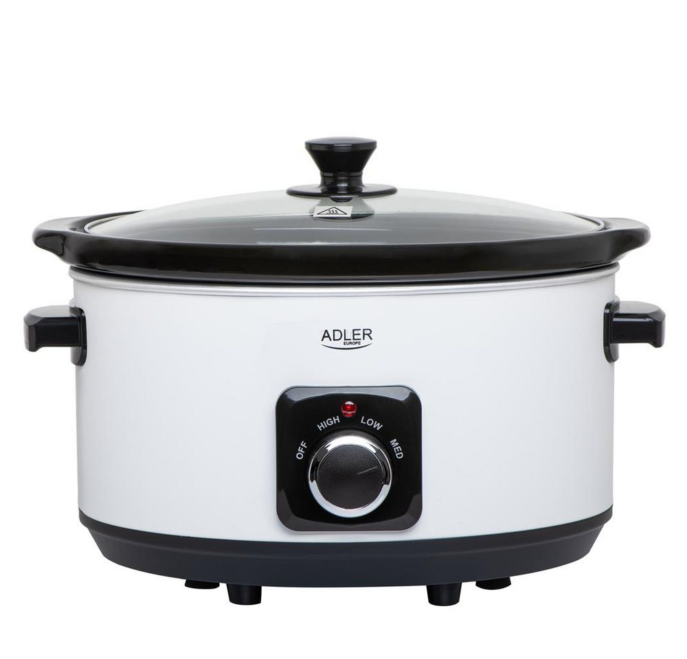 Adler Schongarer AD 6413w, Slow Cooker 5,8L, 3 Heizstufen, Edelstahl, spülmaschinenfest, weiß