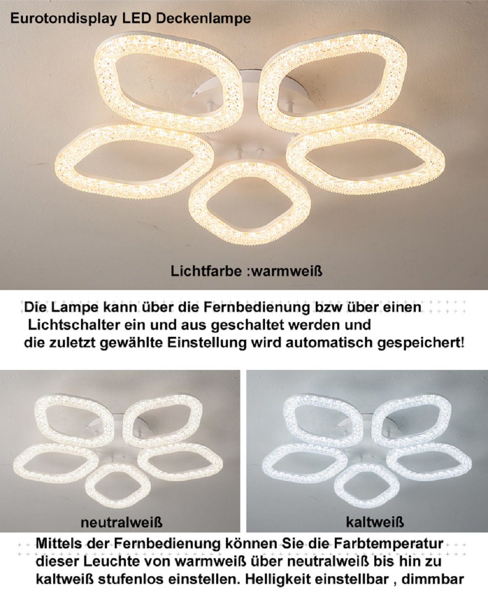 Euroton LED Deckenleuchte LED Deckenlampe XL DL Fernbedienung Lichtfarbe/Helligkeit einstellbar, LED fest integriert, mit Fernbedienung kaltweiß-neutalweiß -war – Bild 3 von 5