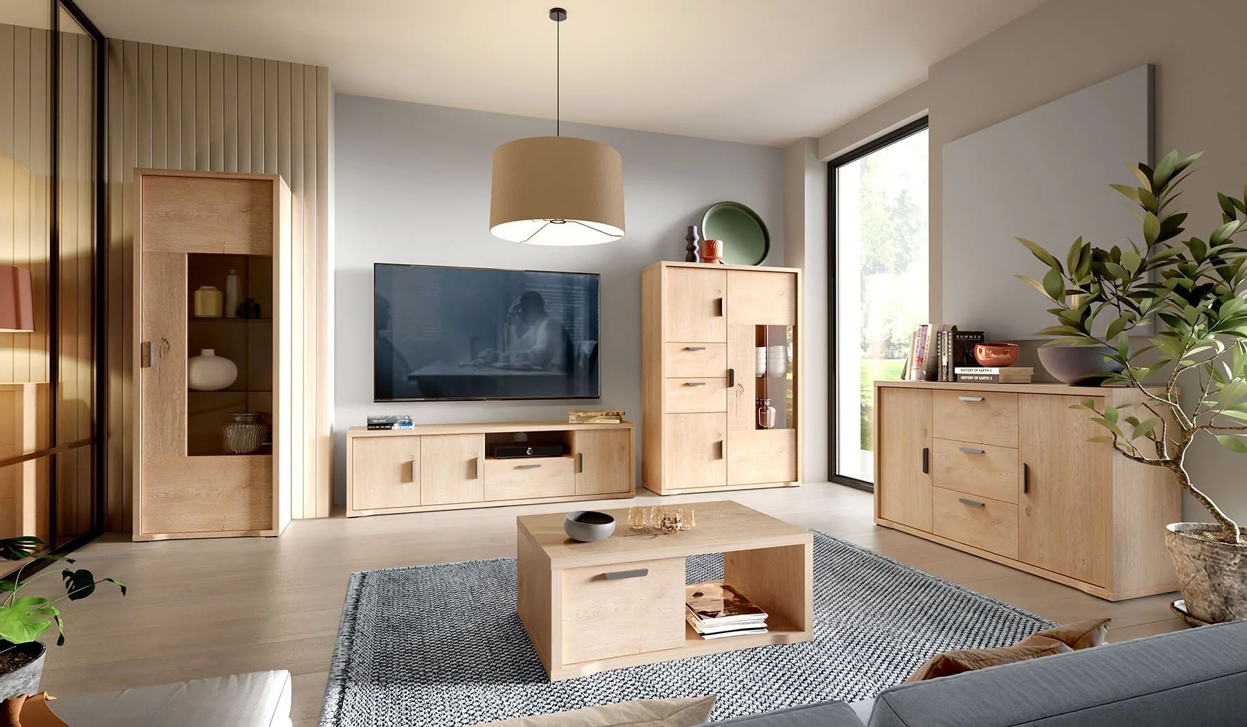 99rooms Wohnwand Riesa, (Set (5-St), Wohnmöbel, Wohnzimmer-Set), Stilvolles Design mit natürlicher Ausstrahlung, Soft-Close, mit LED