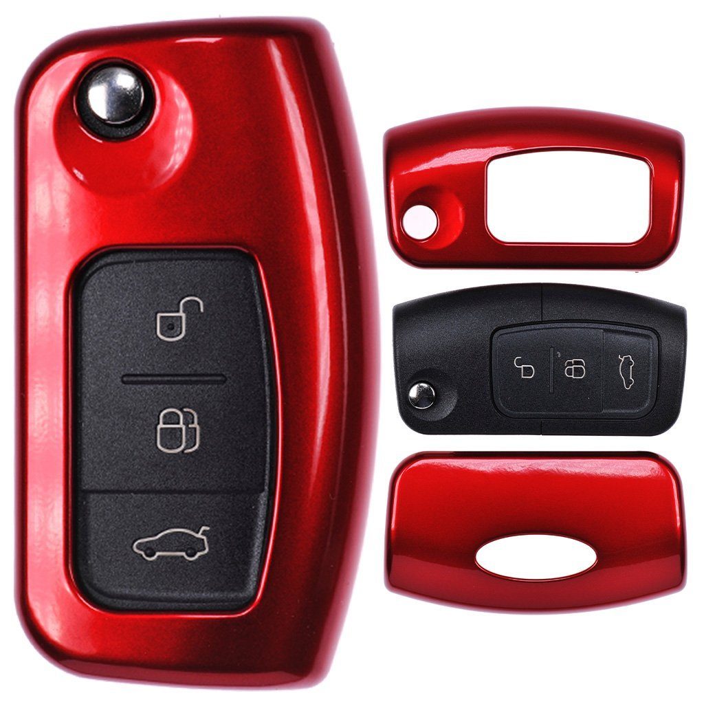 Mondeo Focus Schlüsseltasche S-Max für Kuga Schutzhülle Rot, C-Max Fiesta Metallic mt-key Ford Klappschlüssel Hardcover Autoschlüssel