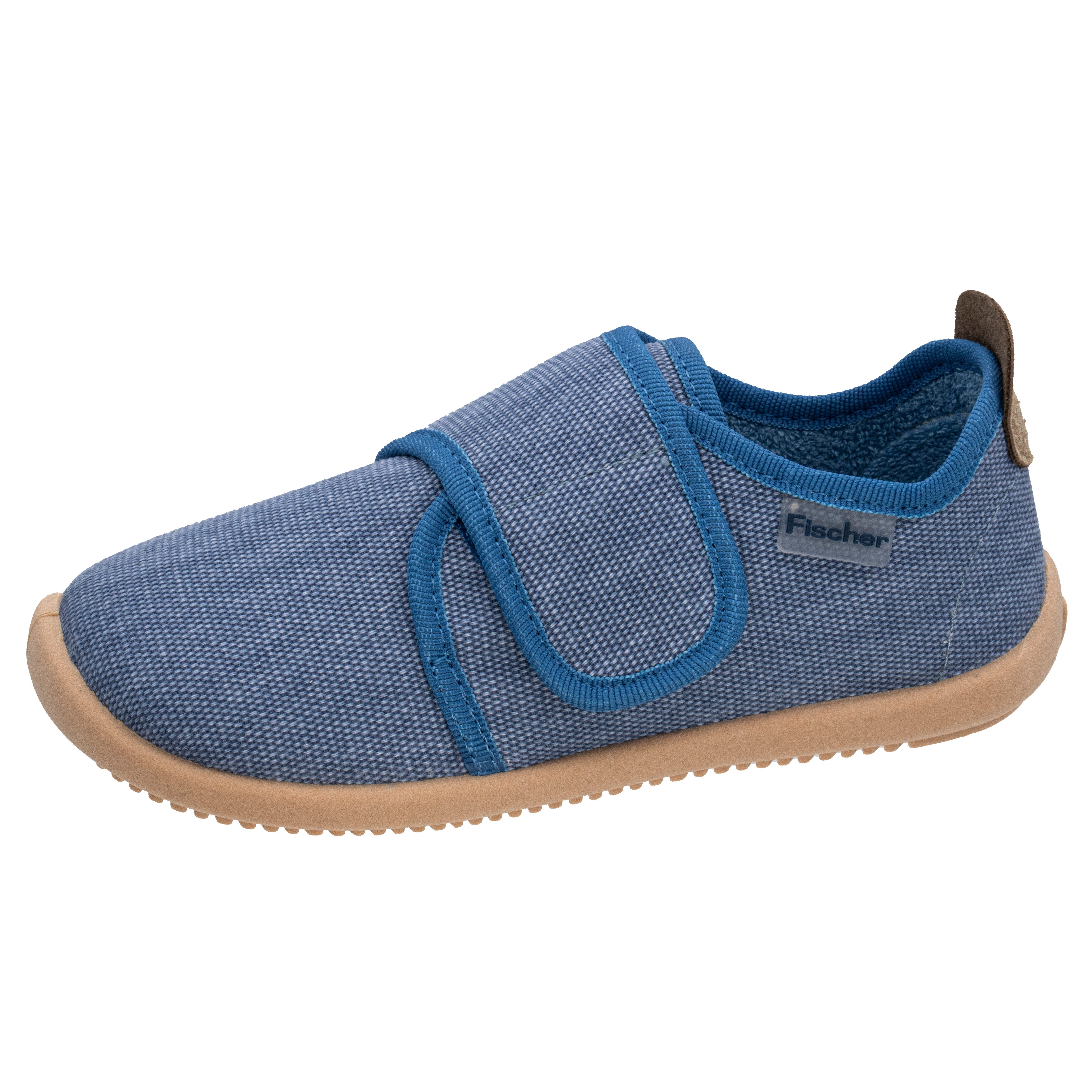 Fischer-Markenschuh Softer Hausschuh für Kinder, aus Baumwollleinen, mit Frotteefutter, Klettverschluss