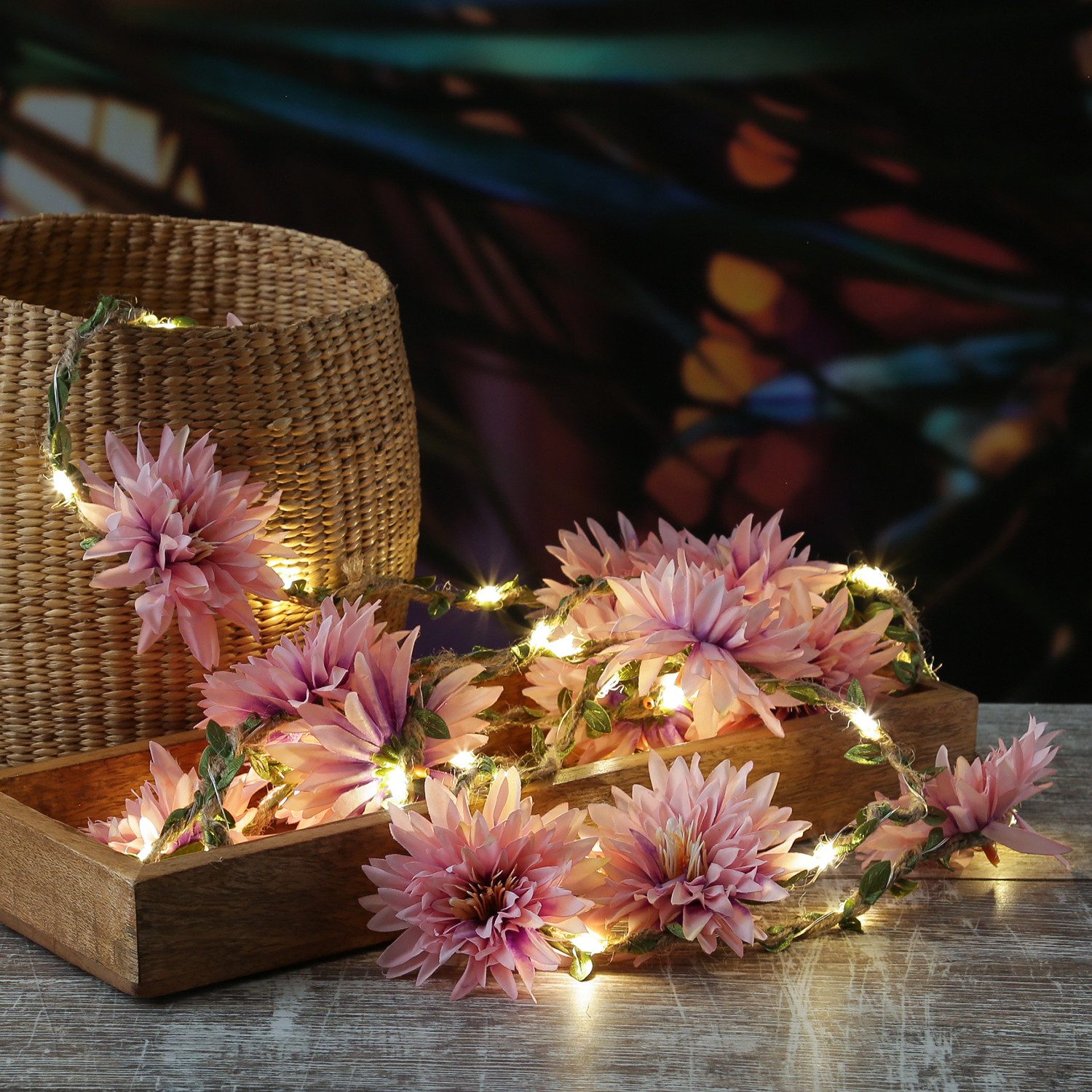 MARELIDA LED-Lichterkette Dahlien Blüten Blumengirlande Blumenlichter Timer L: 2,9m rosa, 30-flammig