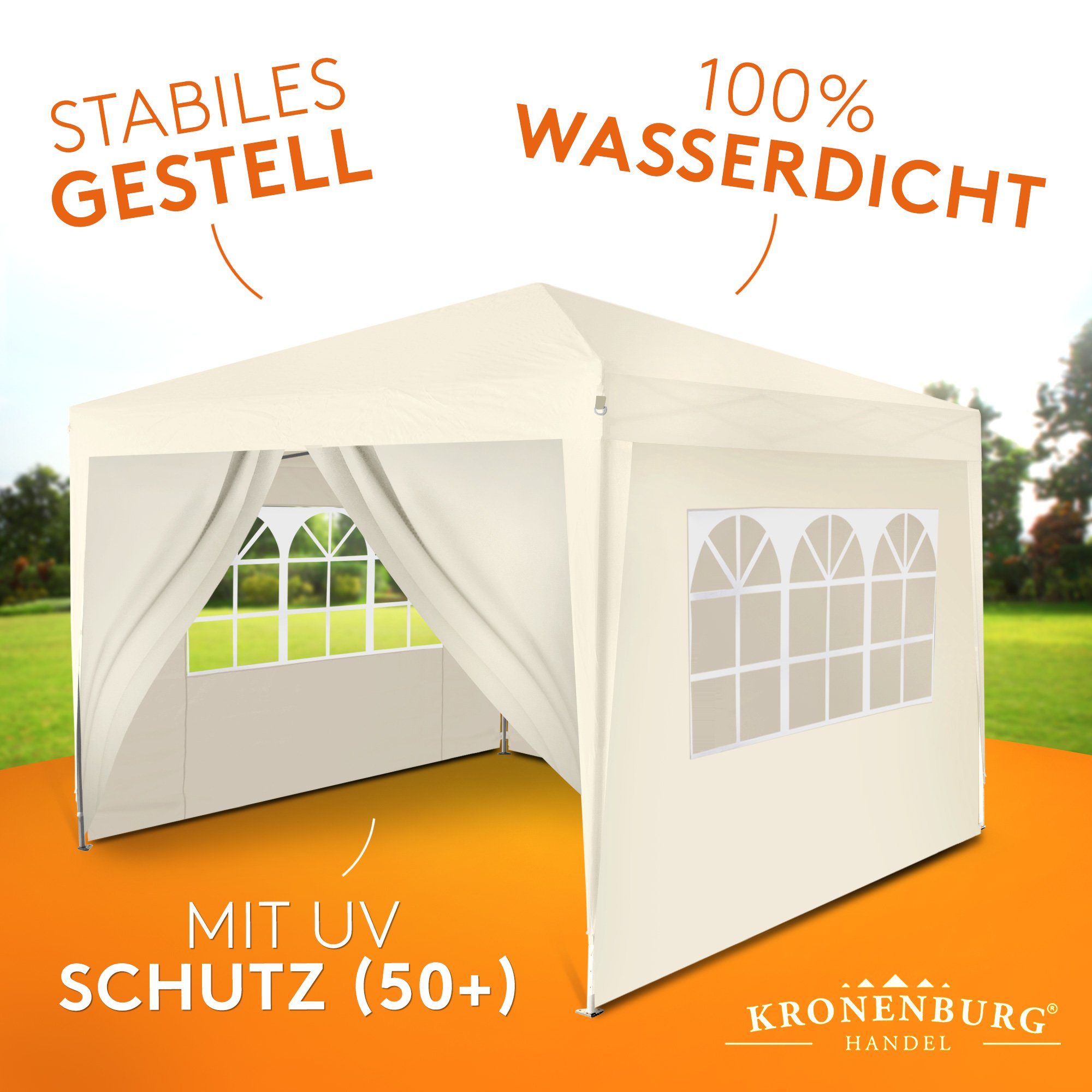 Kronenburg Faltpavillon 3x3 m wasserdicht - Gartenpavillon, Partyzelt stabil, UV-Schutz 50+, mit 4 Seitenteilen, Wetterfester Schutz, Leichter Aufbau, Inklusive – Bild 4 von 5