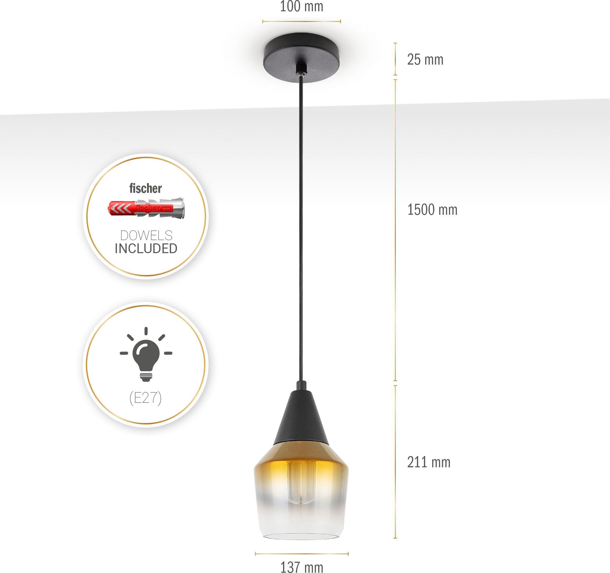 Esstisch Leuchtmittel, Deckenlampe Lampenschirm Glas Paco Vintage ohne E27 Modern Industrial DIANA, Home Pendelleuchte