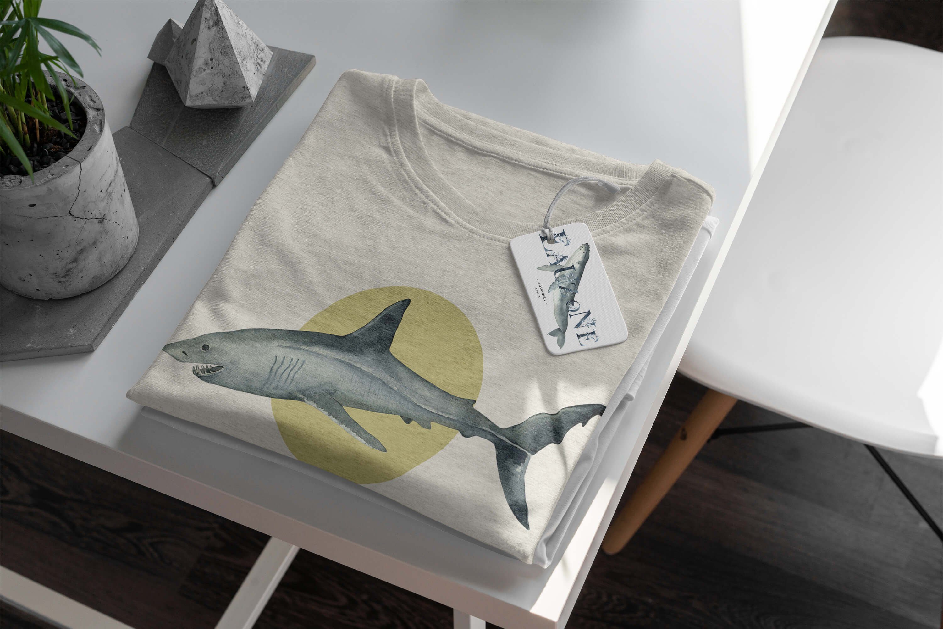 aus T-Shirt Art Nachhaltig Wasserfarben Shirt erne (1-tlg) T-Shirt gekämmte Sinus Ökomode Hai 100% Herren Motiv Bio-Baumwolle