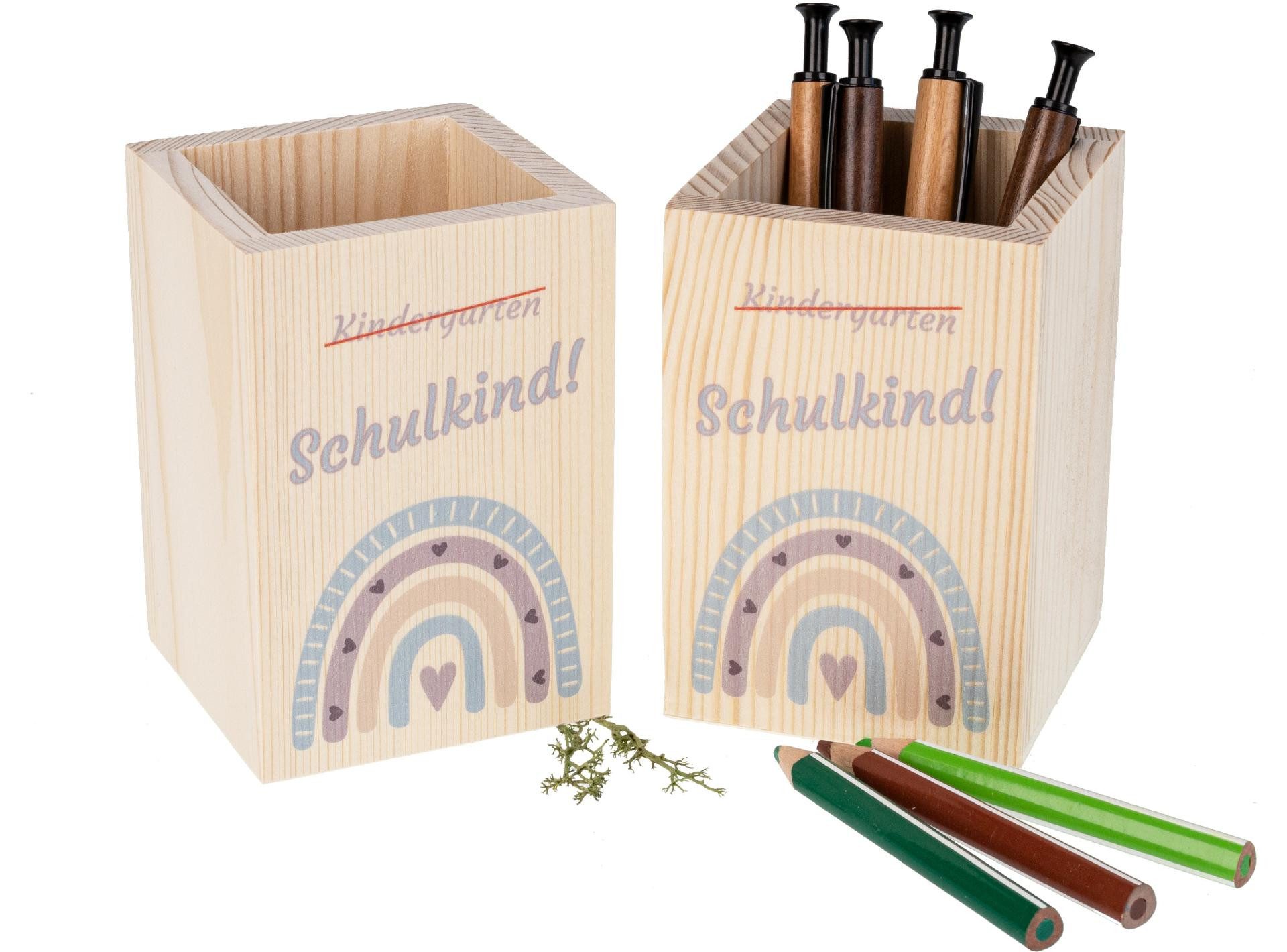 Holz Frank Zeichenbox Holz Stiftebox Schulkind mit Regenbogenmotiv - Perfekt zur Einschulung