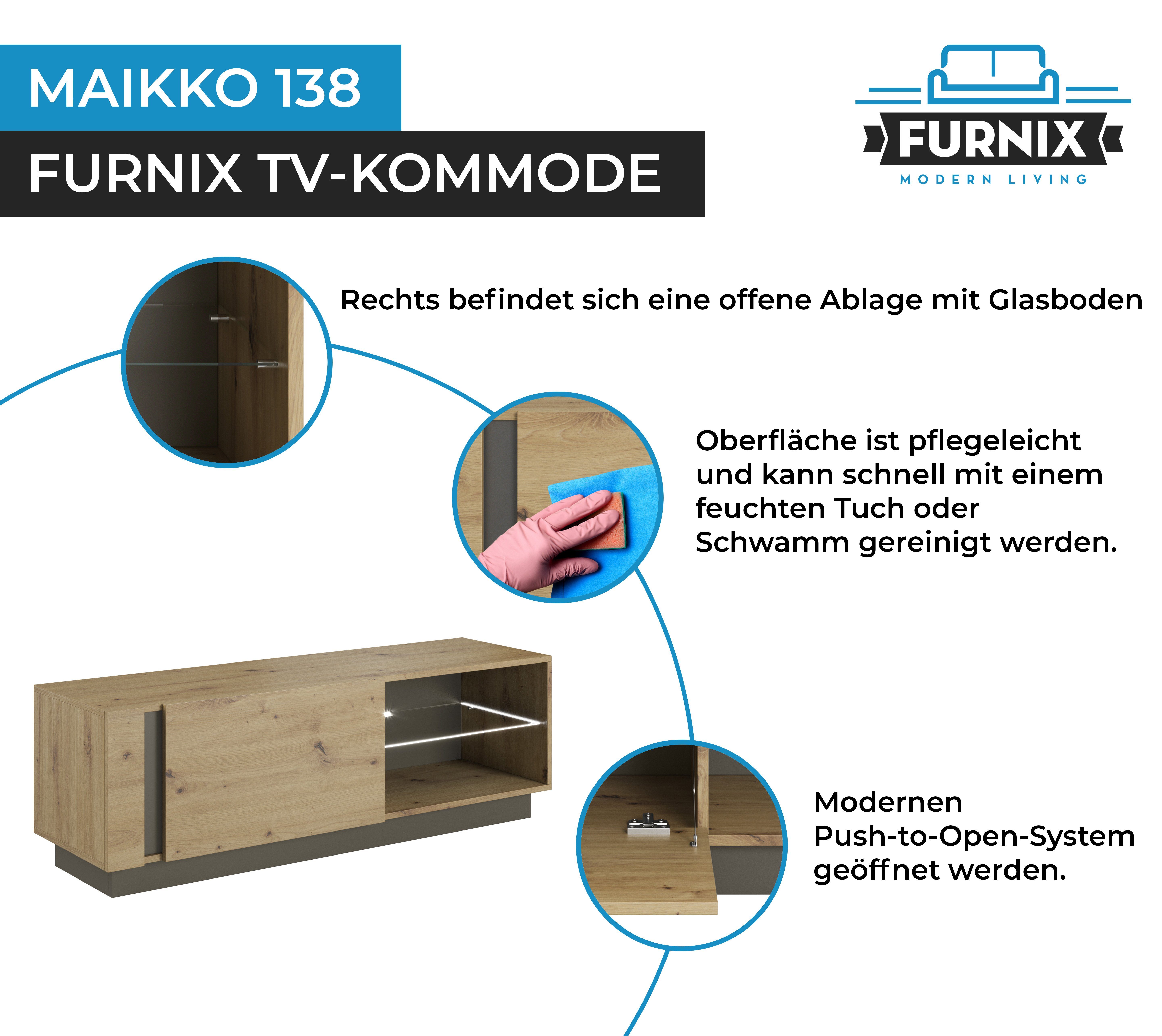 Furnix TV-Schrank LED x MAIKKO FURNIX in T40 ohne EU TV-Kommode 138 x Artisan/Graphit cm, Fernsehschrank H45 Glasregal, made Eiche B138