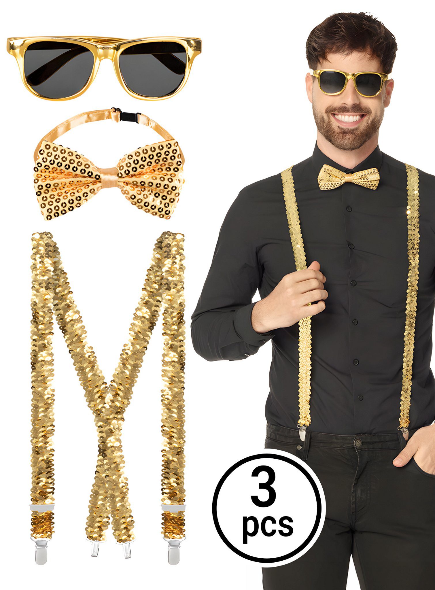 Boland Kostüm Goldglitter Accessoire-Set, Sei glänzend ausgestattet mit diesem dreiteiliges Partyset!