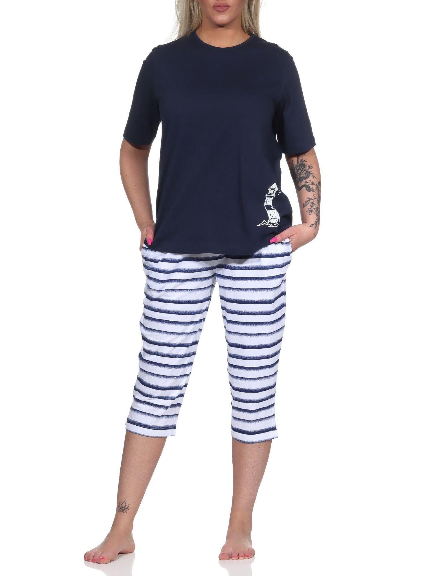 Normann Pyjama Maritimer Damen kurzarm Capri Schlafanzug, Top mit Leuchtturm Motiv