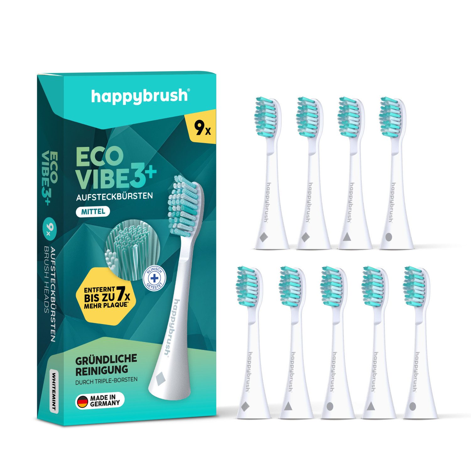happybrush Aufsteckbürsten V3 White-Mint - mit Wechselindikator - 9 Stück - Spar-Set, für happybrush Eco Vibe 3, hochwertige Triple-Borsten, Wechselindikator