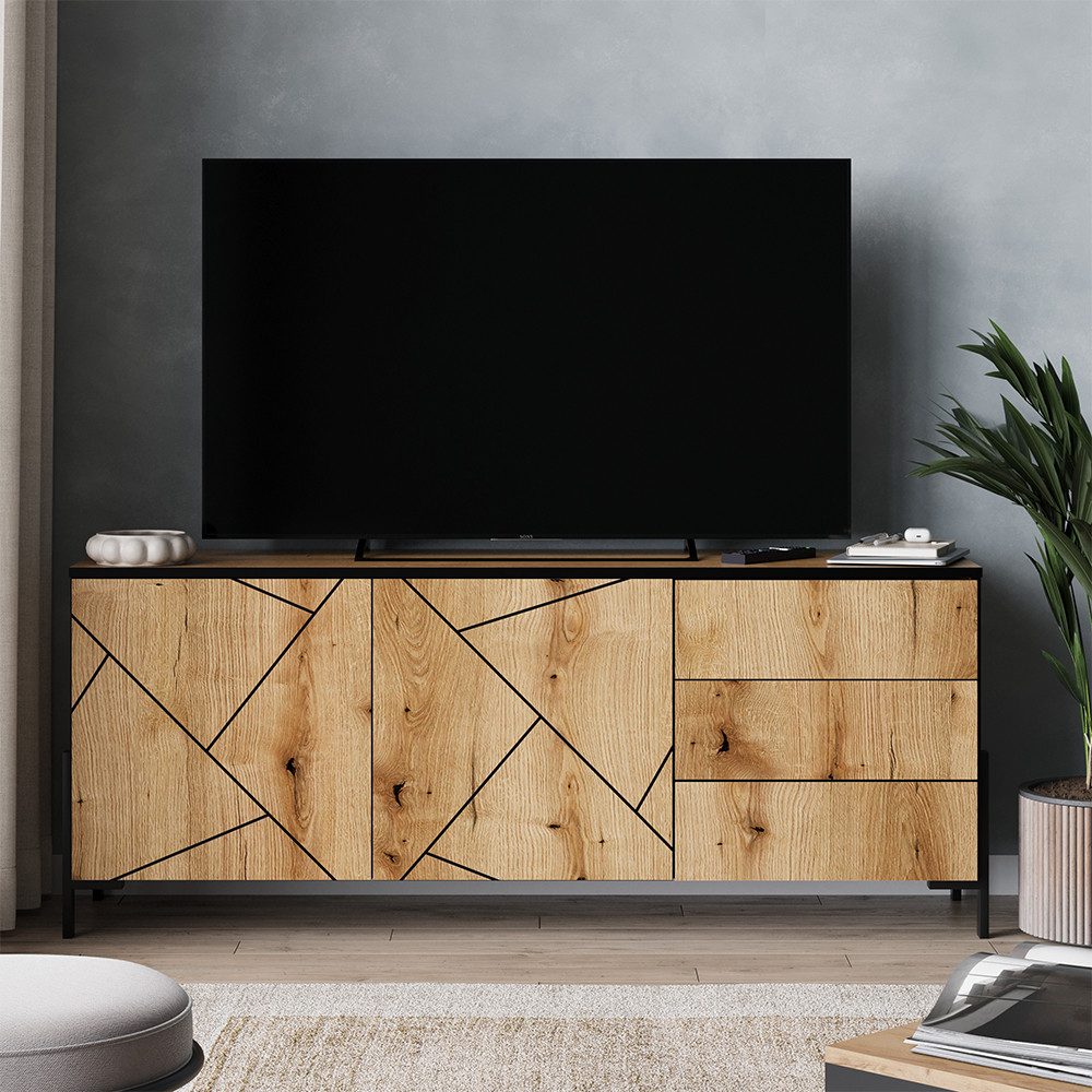 Vicco Lowboard Hatto, Eiche, 150 x 60 cm mit Türen und Schubladen (1 St)
