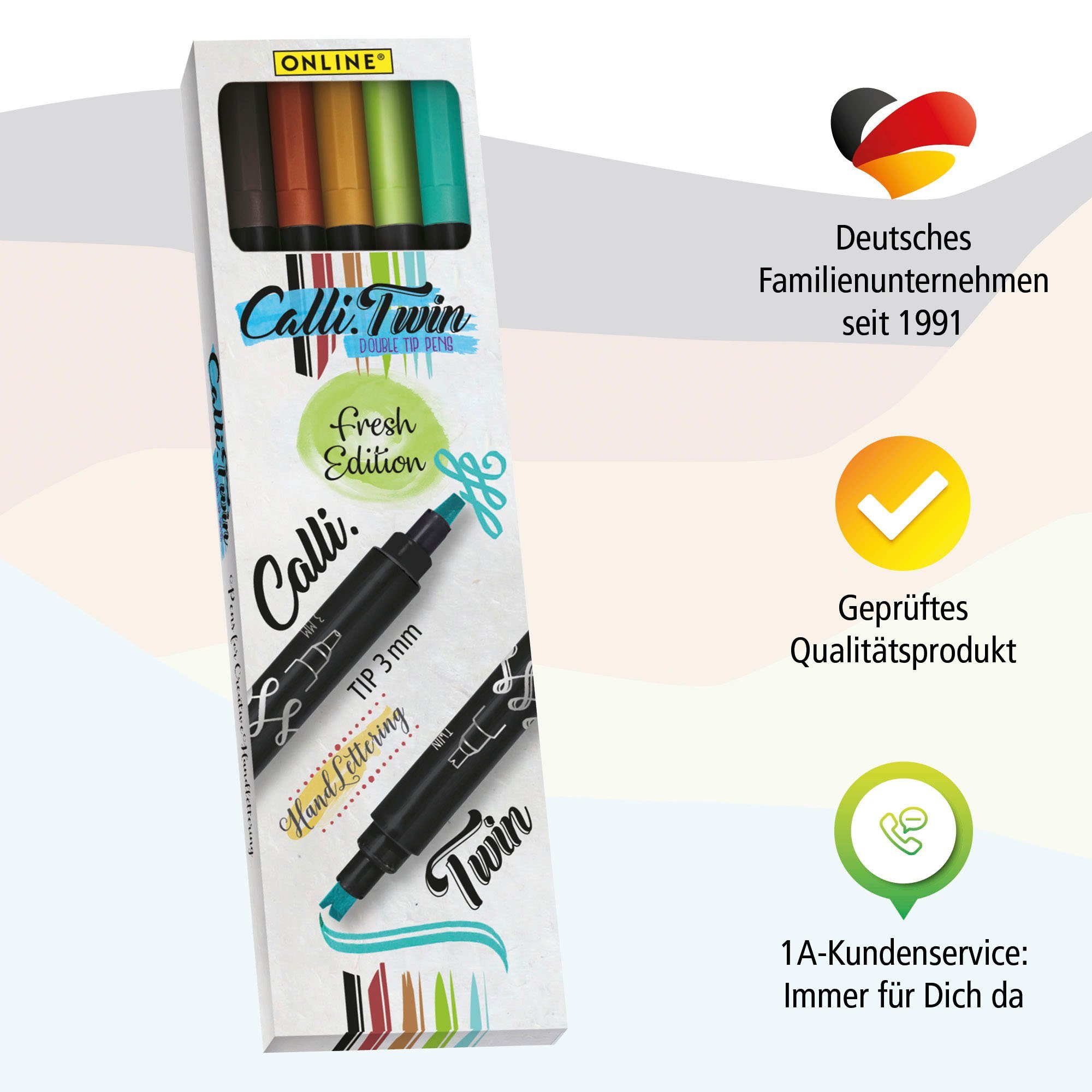 5x Pens, Handlettering Fineliner Spitzen Calli.Twin, Set, verschiedene Online Pen Brush bunte Stifte Fresh