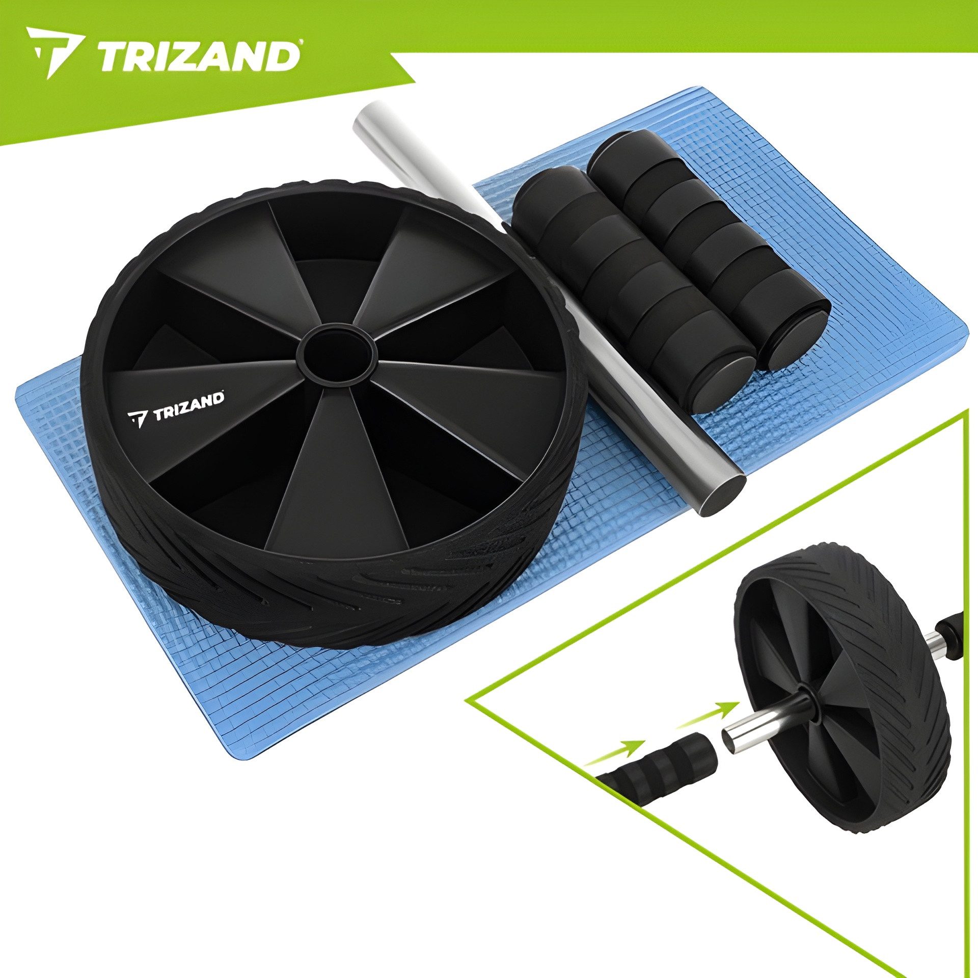 Trizand Bauchtrainer Bauchroller Bauchmuskeltrainer Bauchmuskelrad AB Roller Rad Wheel (Fitness-Set, 2-St., Ab-Roller inklusive Kniematte), inklusive EVA-Kniematte, rutschfeste Griffe