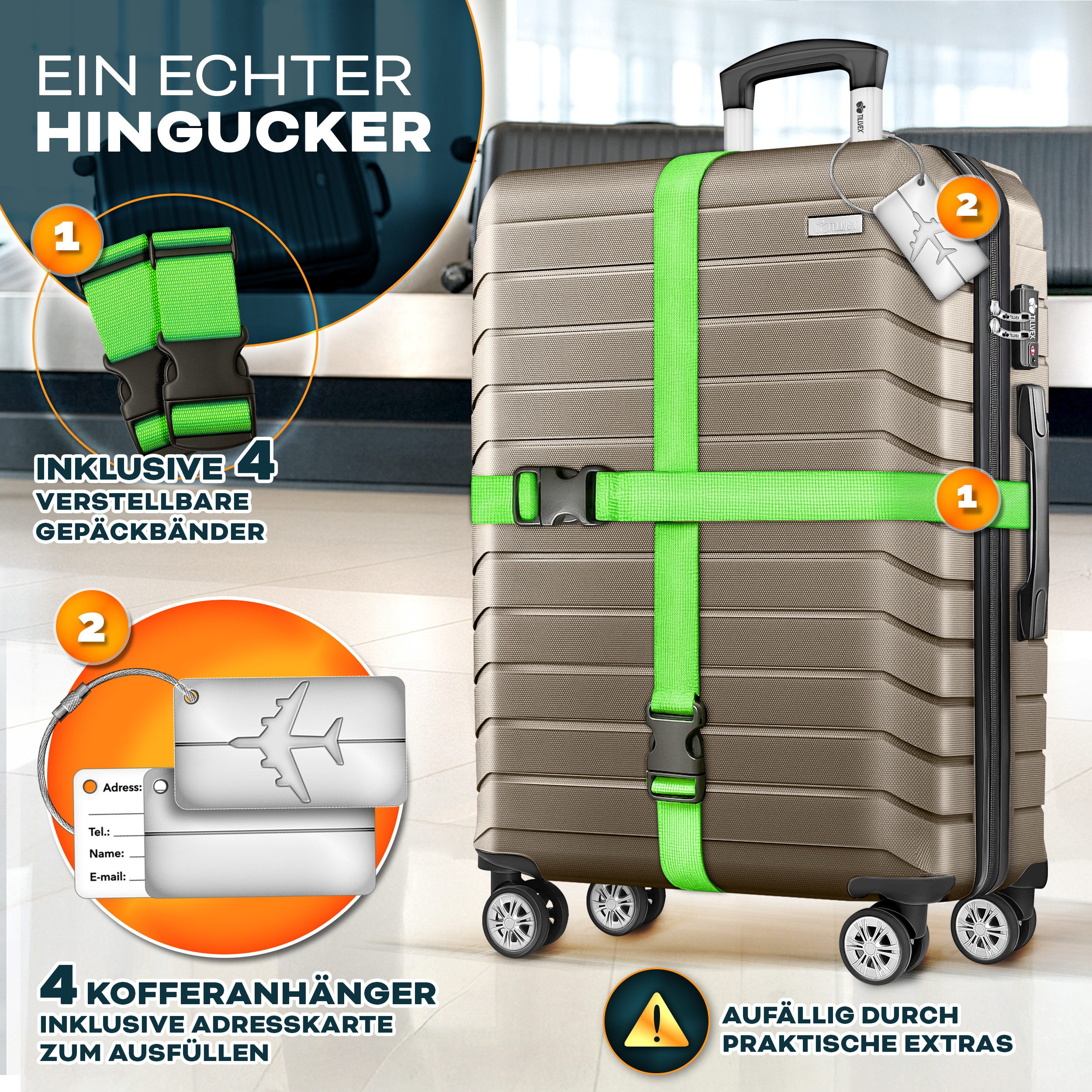 tillvex Trolleyset tillvex® Reisekoffer Set Koffer Hartschale Trolley Kofferset Tasche, (TSA Schloss Rollkoffer S-M-L-XL, 4 tlg., 4 Rollen Trolley Gepäck Koffer), Reisekoffer Set 4-TLG. + Gepäckwaage, 8X Gurte & 4X Anhänger Kofferset