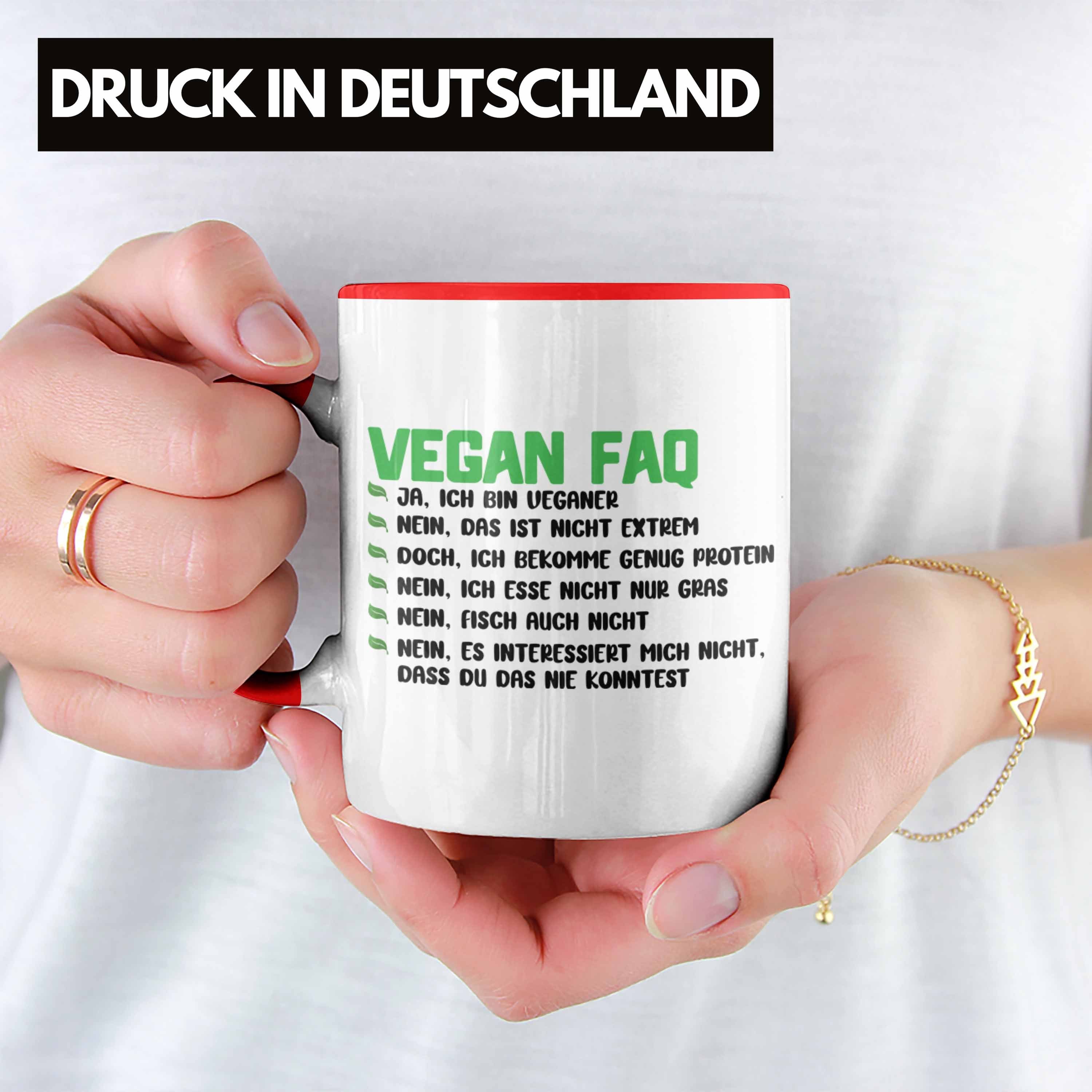 Trendation Tasse Trendation - FAQ Lustiger Geschenkidee Spruch Vegane Veganer Tasse Lebensweise Rot Geschenk Vegan