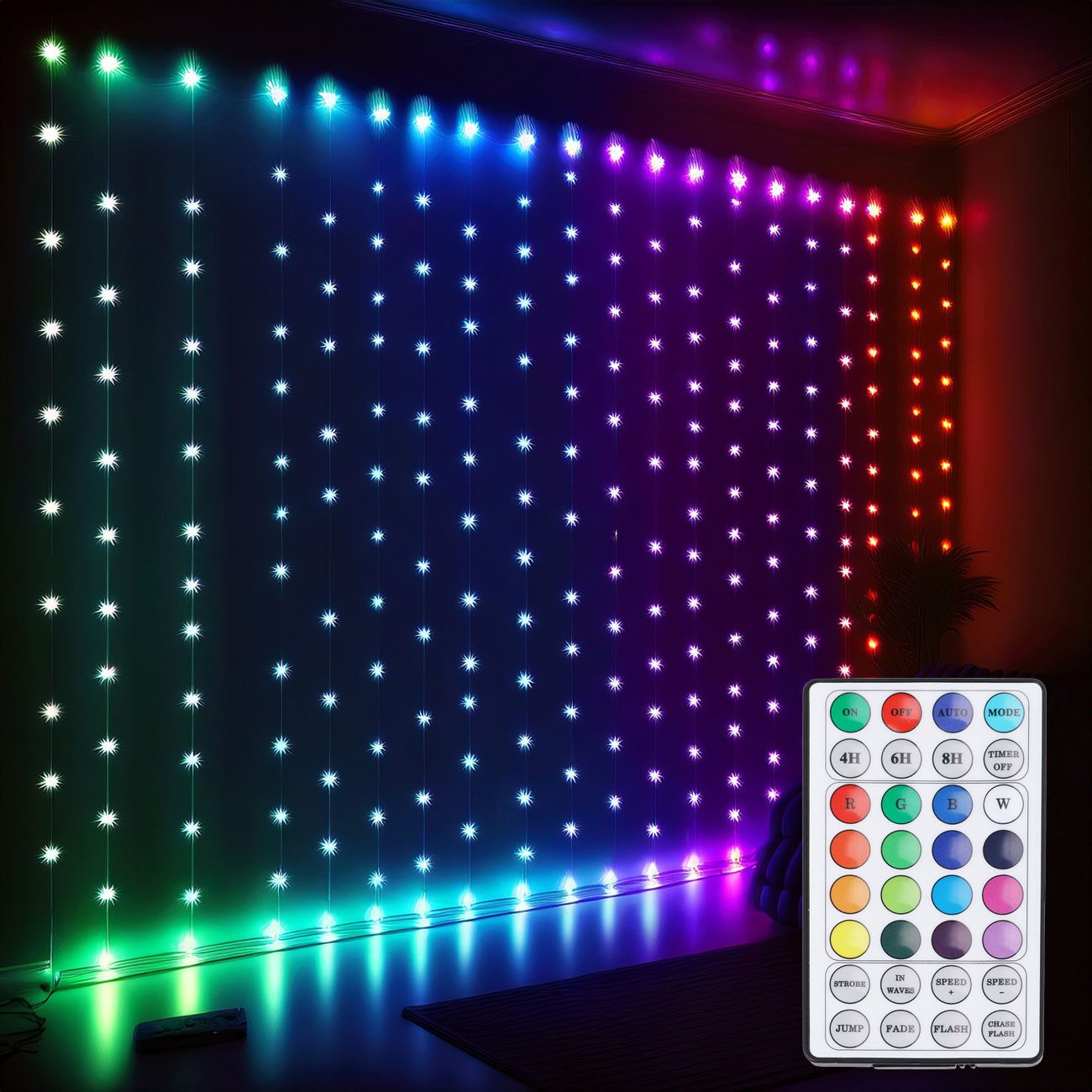 ROGITO elite LED-Lichtervorhang RGB LED-Lichtervorhang 1,2x1,2 m, 144 bunte LEDs IP44 Fernbedienung, Mehrfarbig (RGB), 1,2 x 1,2 Meter, 12 Stränge, 5m Kabel