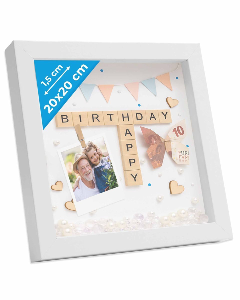 PHOTOLINI Bilderrahmen 3D-Objektrahmen zum Befüllen mit Passepartout und Glasscheibe, für 1 Bilder (1 Einzelrahmen), Rahmen 20x20 cm für Objekte bis 1,5 cm Tiefe zum Basteln & Verschenken