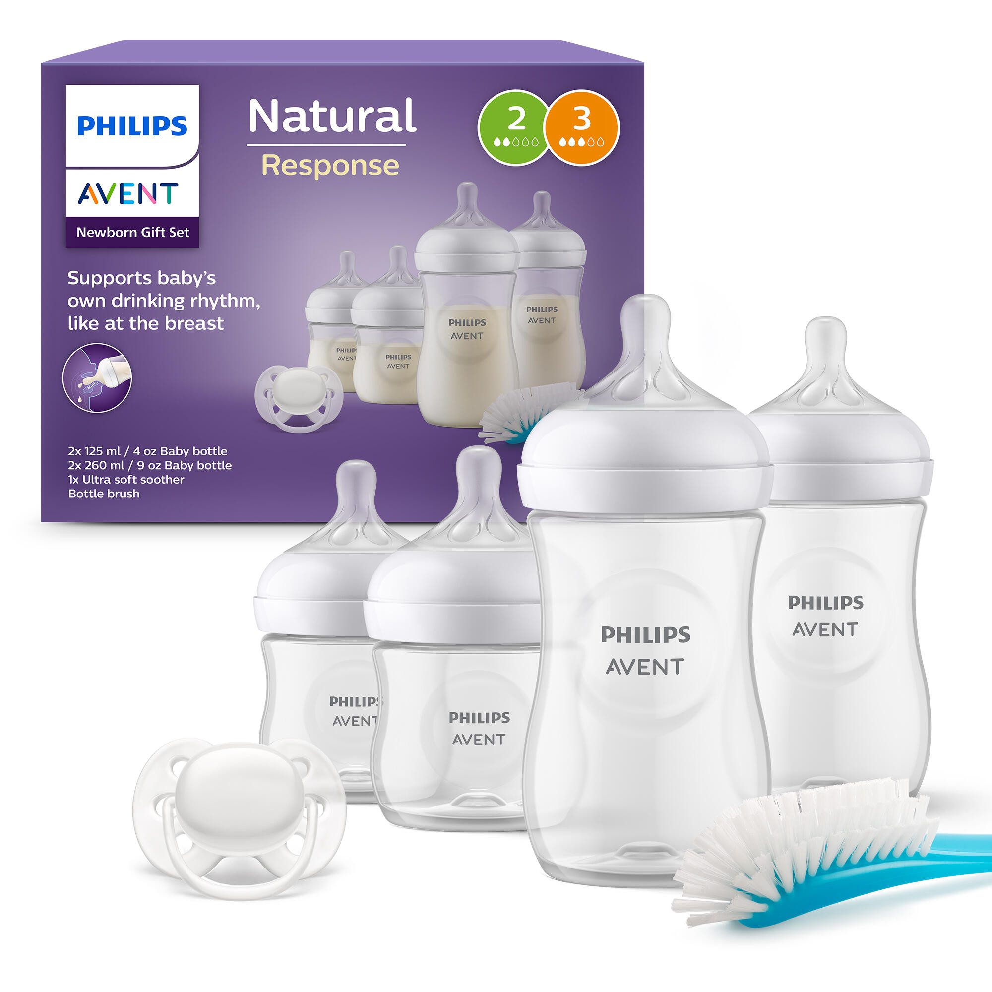 Philips AVENT Babyflasche Natural Response Starter-Set für Neugeborene SCD838/11, 4 Flaschen, ultra soft Schnuller und Flaschenbürste