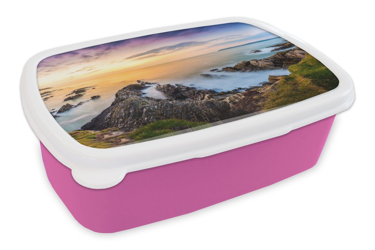 MuchoWow Lunchbox Sonnenuntergang - Horizont - Wasser - Landschaft - Blau, Kunststoff, (2-tlg), Brotbox für Erwachsene, Brotdose Kinder, Snackbox, Mädchen, Kunststoff rosa