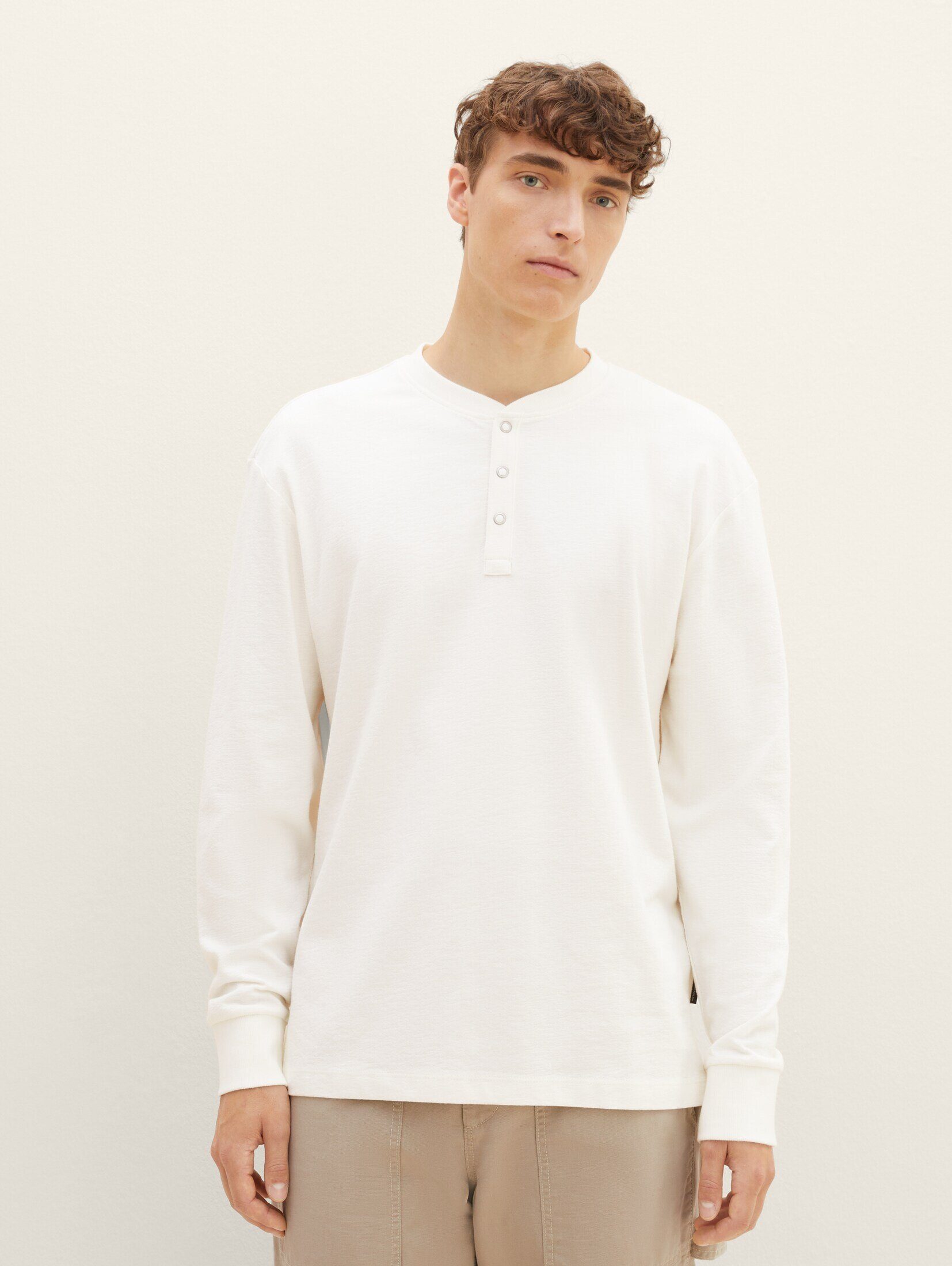 TOM TAILOR Denim T-Shirt Henley Langarmshirt mit Struktur Wool White | Shirts