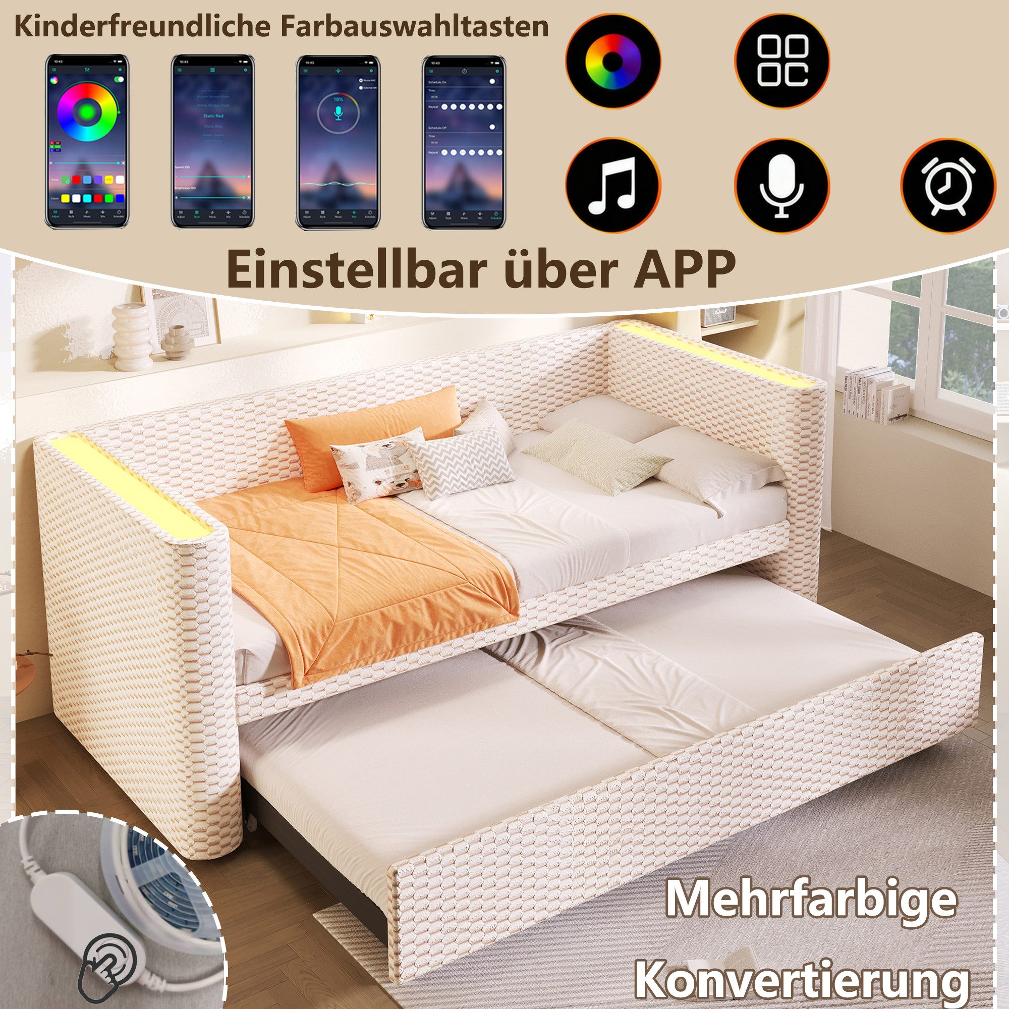 Merax Daybett 90×200cm/180x200cm mit LED-Lichtleiste & App-gesteuerter (Jugendbett Doppelbett Kinderbett, 1 tlg), Polsterbett Tagesbett Schlafsofa mit Ausziehbett und Lattenrost, Samt