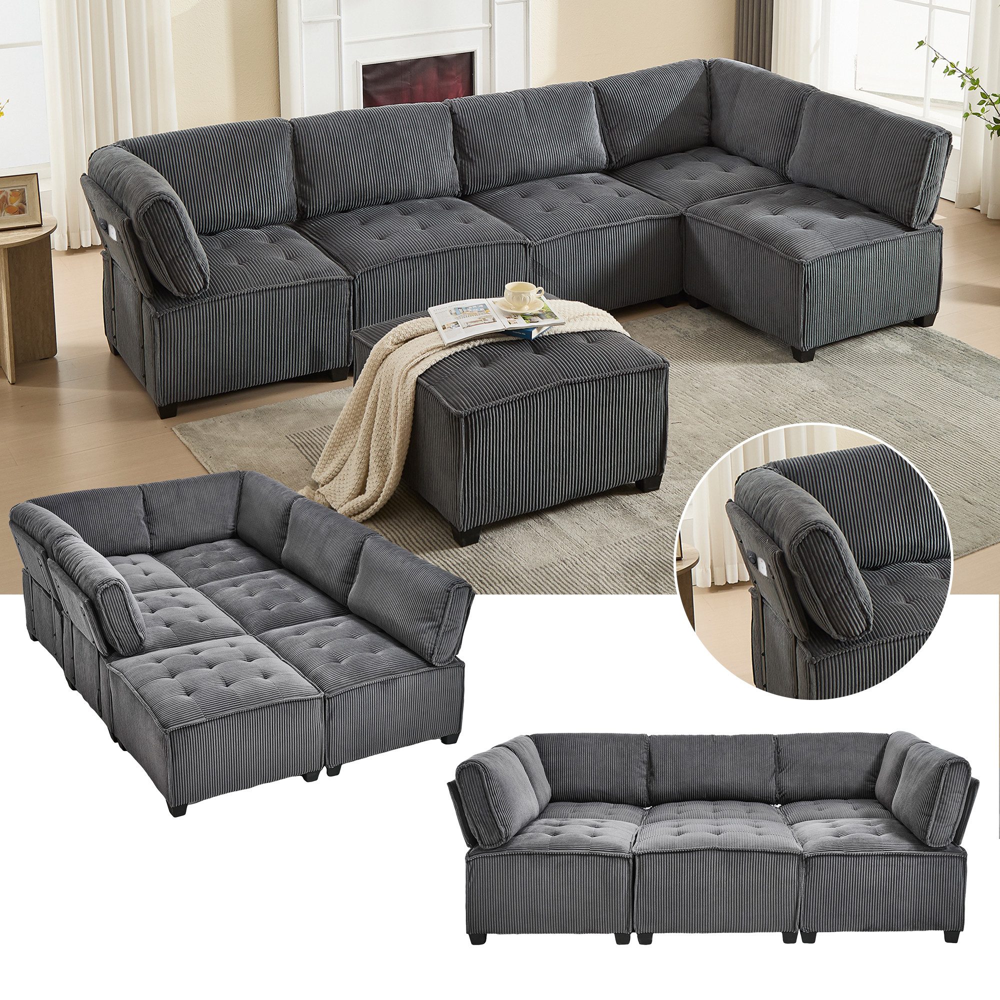LVHOM Loungesofa Modulares 6er-Sofa mit Ottomane, Großformat U/L-Form + Sch günstig online kaufen