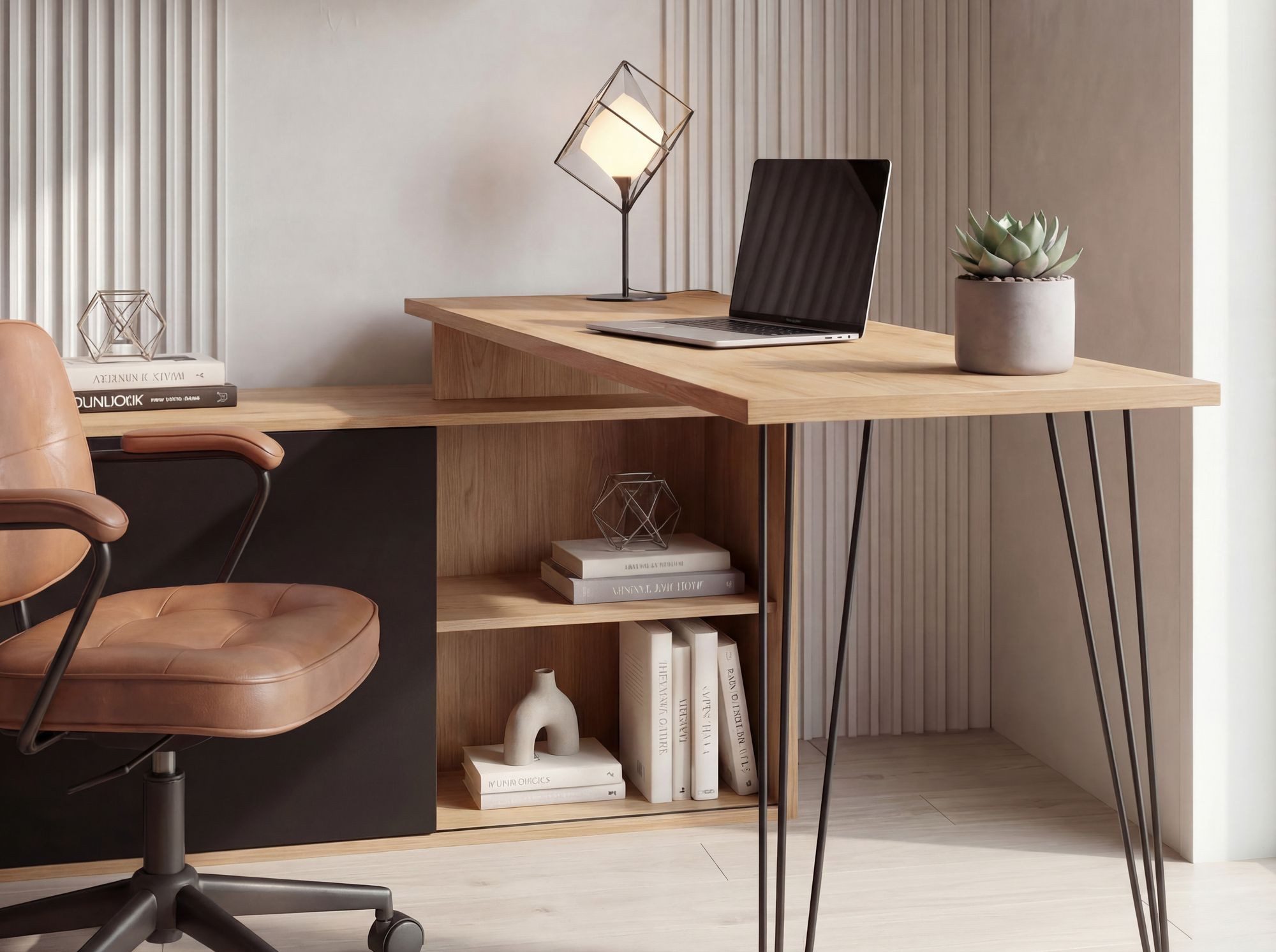 FineBuy Schreibtisch MDF 130cm Eiche Dekor Schwarz L Form mit Regal - Design Eckschreibtisch mit Schrank - Computertisch Holzoptik - Schreibtischkombination Sch – Bild 5 von 5