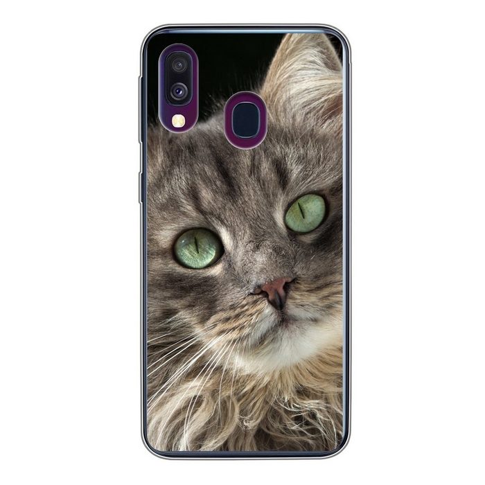 MuchoWow Handyhülle Katze mit grünen Augen Handyhülle Samsung Galaxy A40 Smartphone-Bumper Print Handy