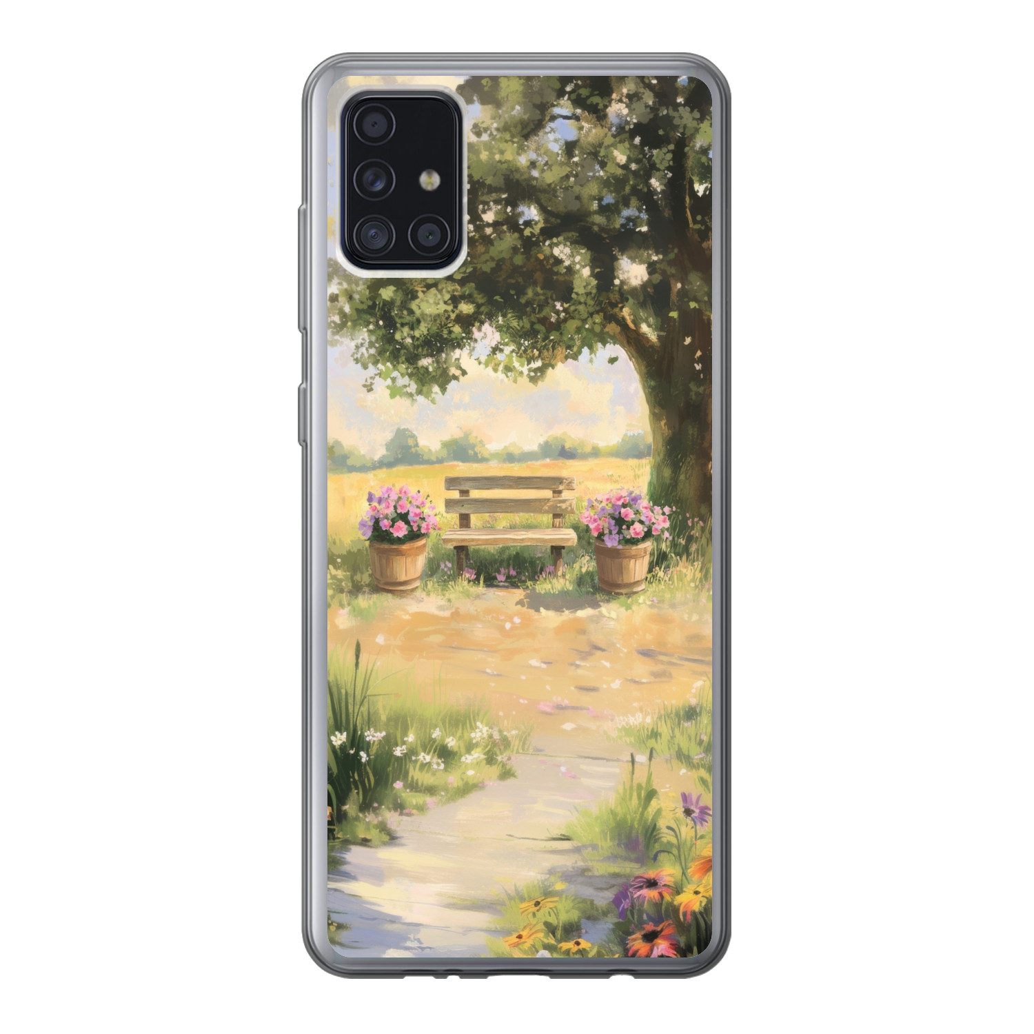 MuchoWow Handyhülle für Samsung Galaxy A52 5G Holzbank - Blumentöpfe - Landschaft, Smartphone-Bumper, Print, Handy Schutzhülle Dünn