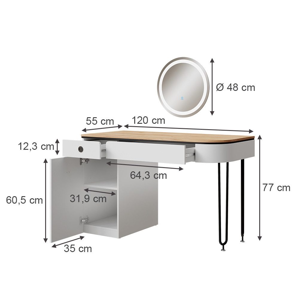 Vicco Schminktisch Mia, Weiß/Naturholz, 120 cm mit LED-Spiegel (2-St)